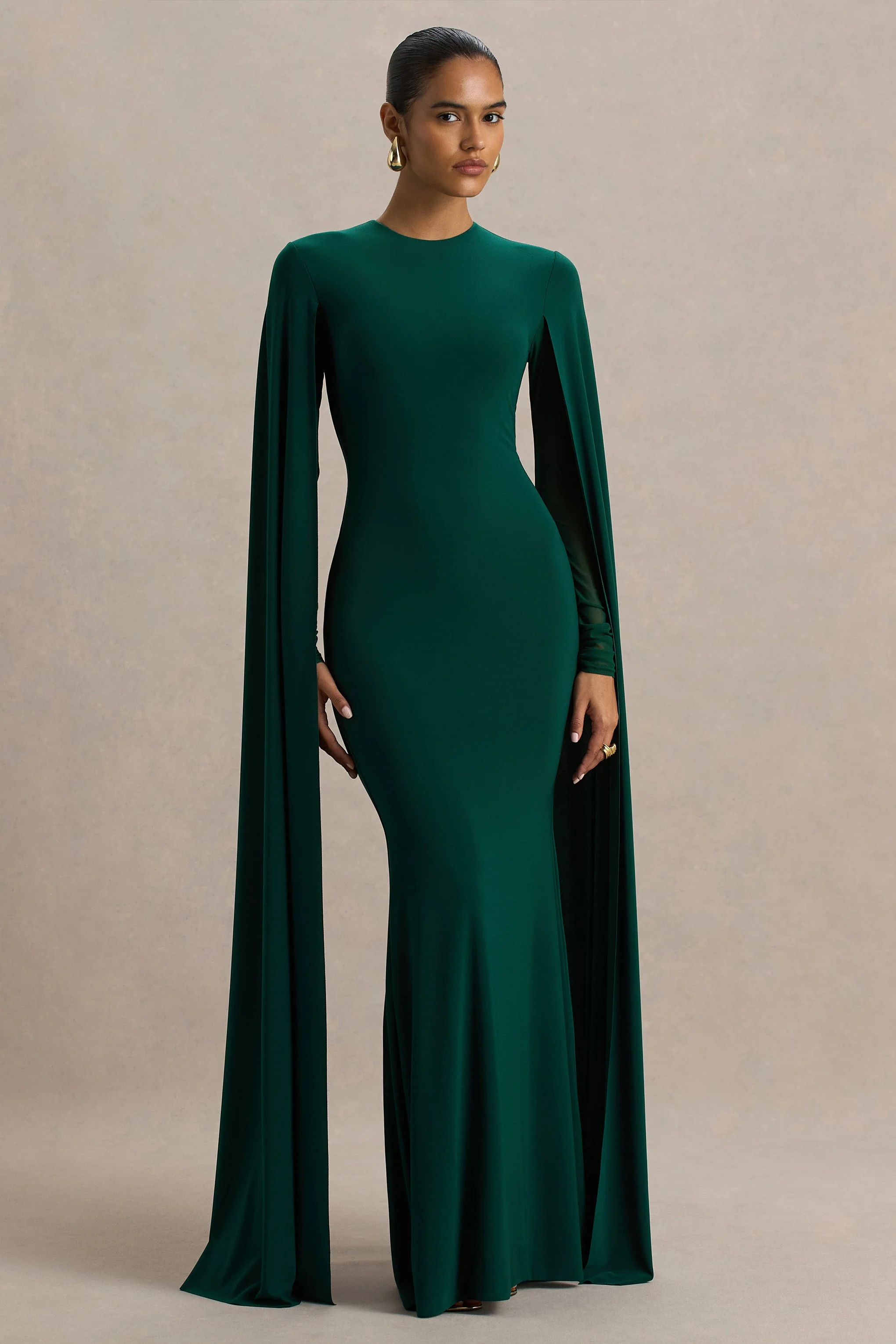 Isla | Bottle Green Crew-Neck Maxi Dress With Cape Sleeve - Image 5