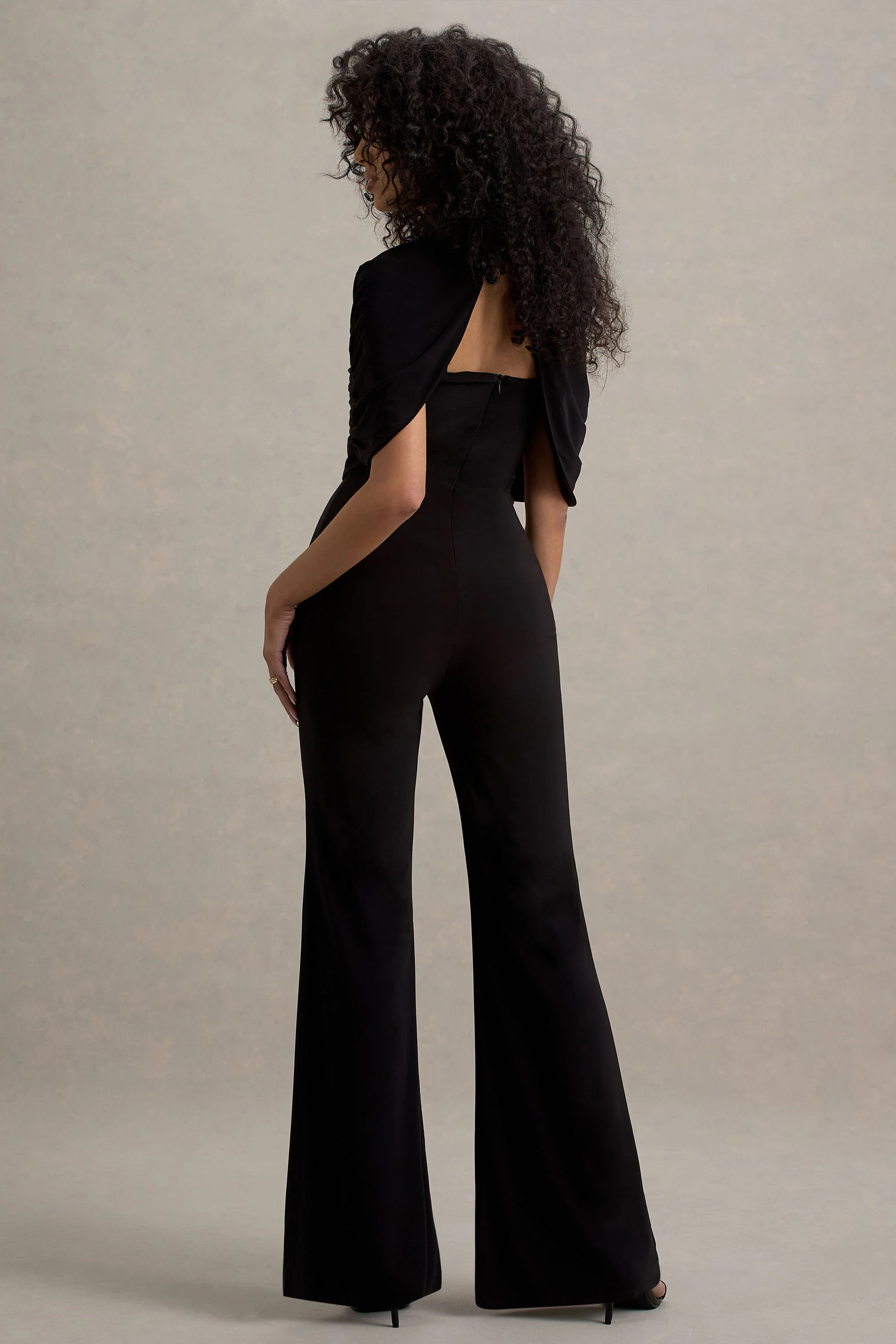 Isoline | Black Twist Cape Flared-Leg Jumpsuit - Image 2