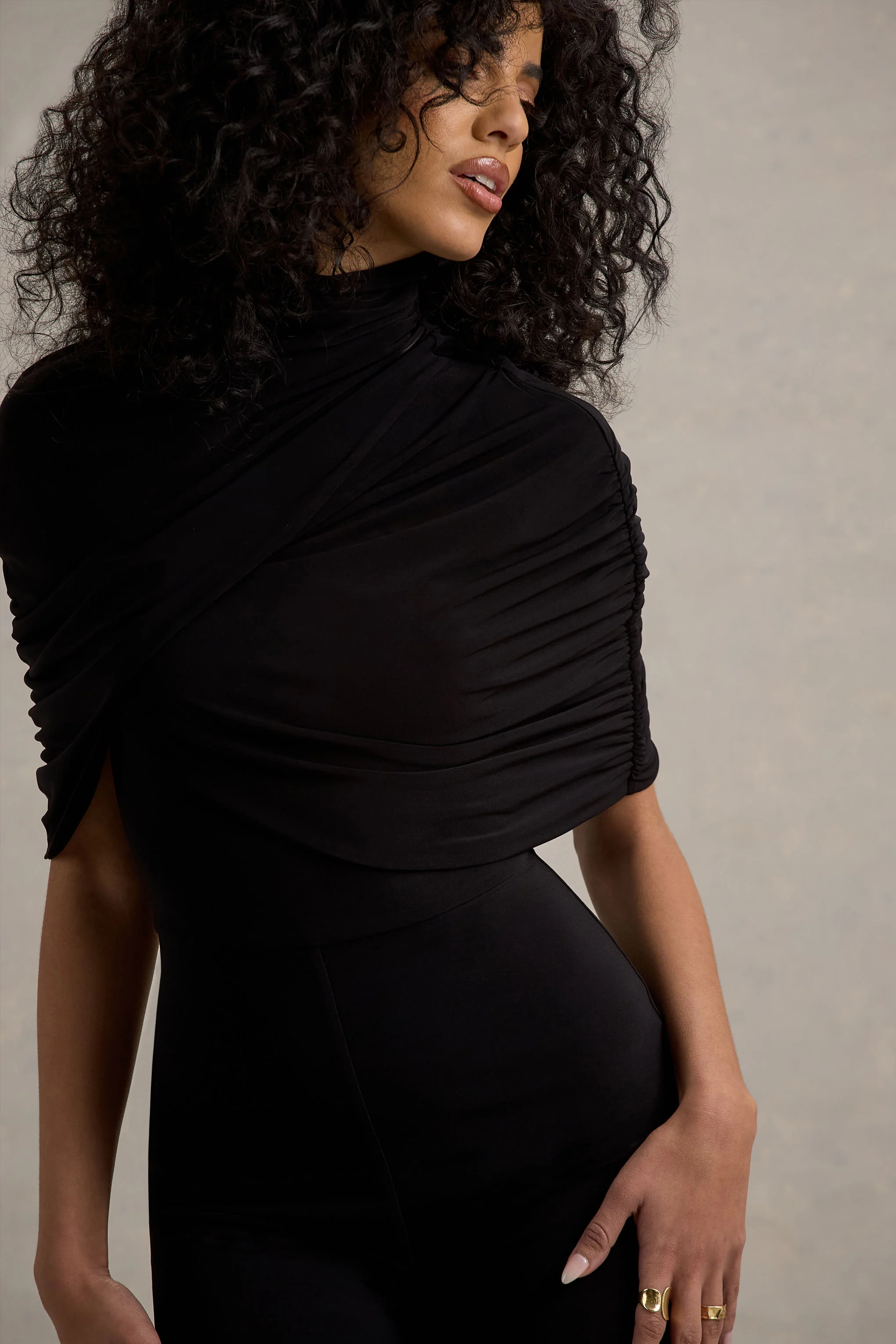 Isoline | Black Twist Cape Flared-Leg Jumpsuit - Image 7