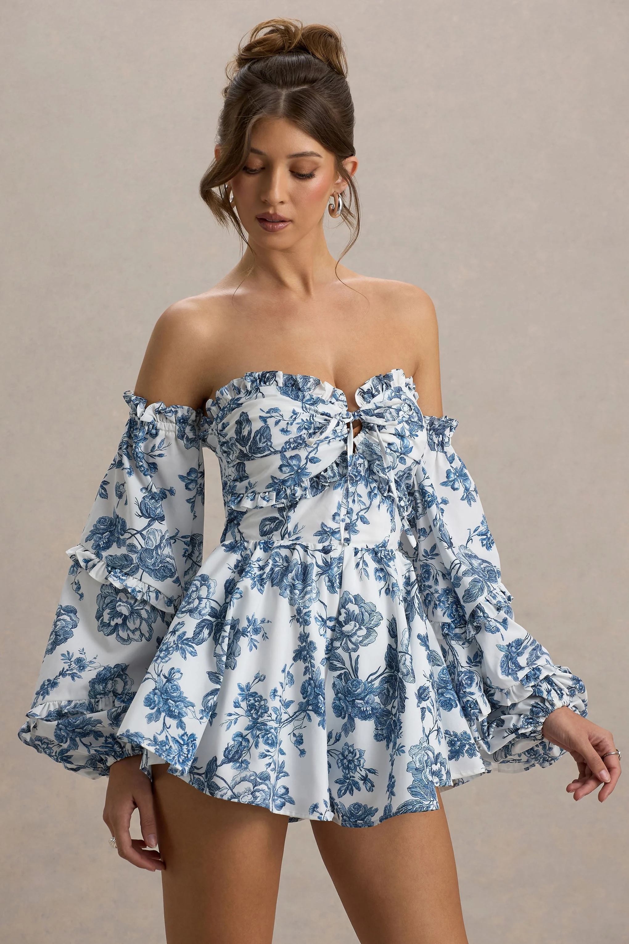 Ithaca | Blue Porcelain Print Bardot Ruffled Playsuit - Image 5