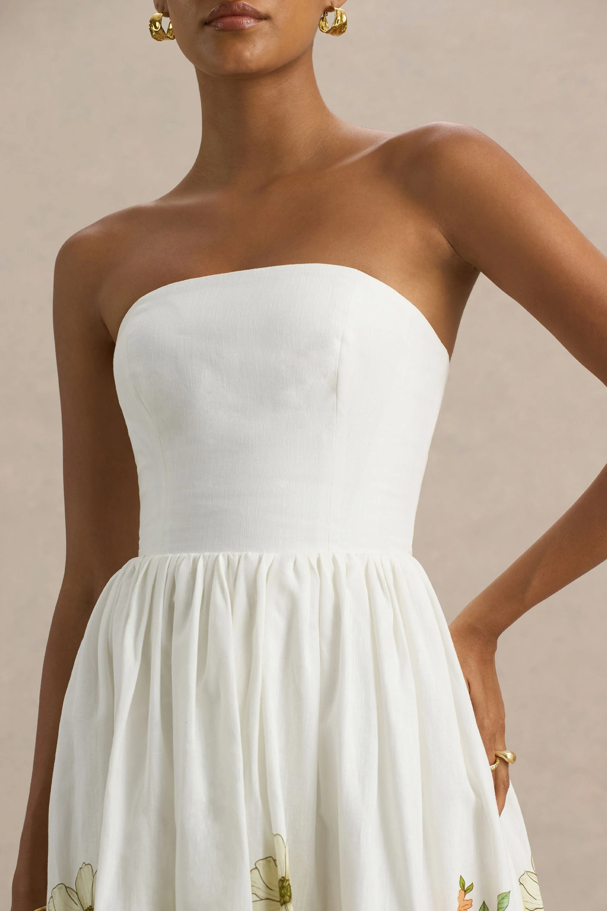 Ivory | Sunflower Print Bandeau High-Low Midi Dress - Image 5