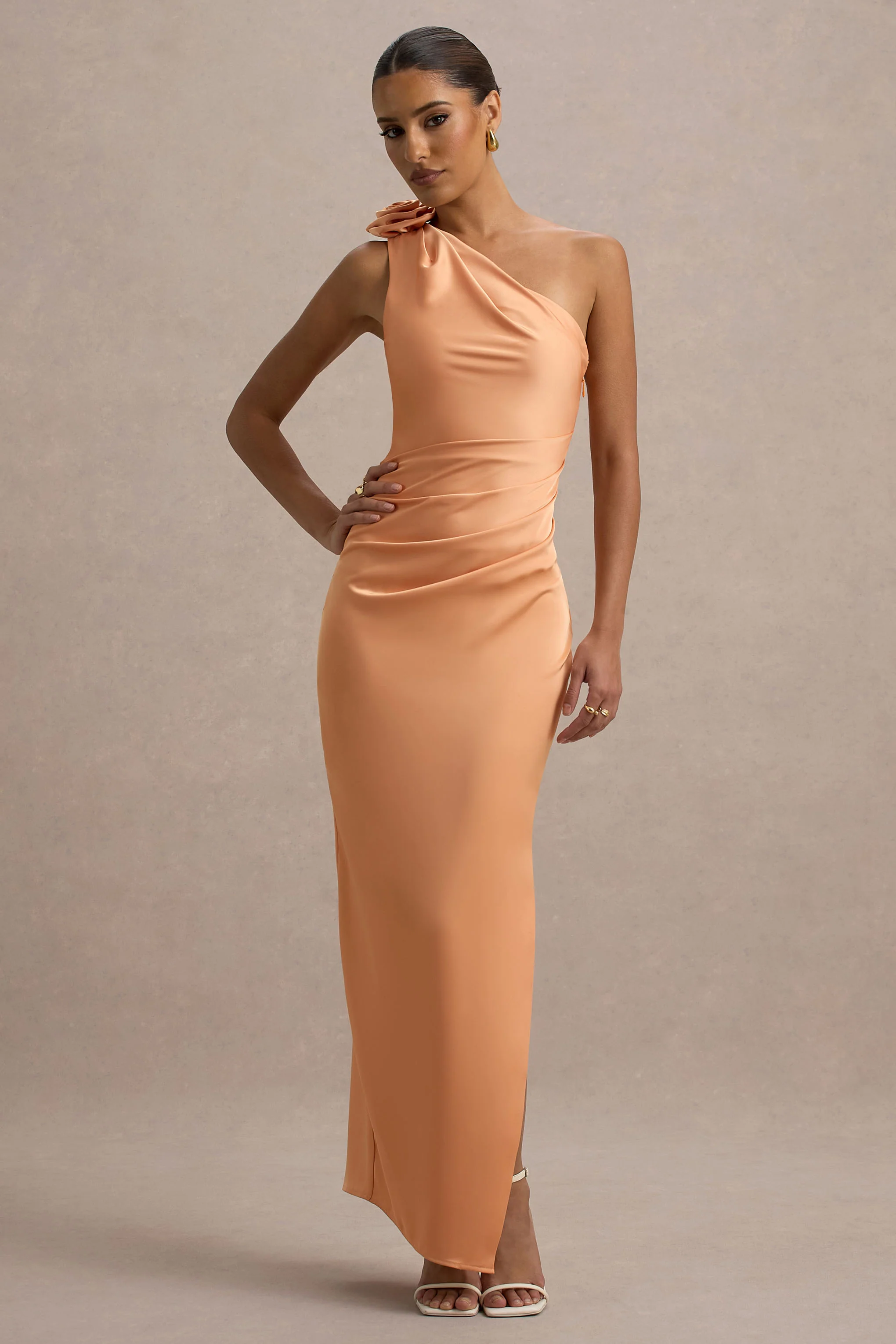 Janette | Peach Satin One-Shoulder Split Maxi Dress With Corsage - Image 5
