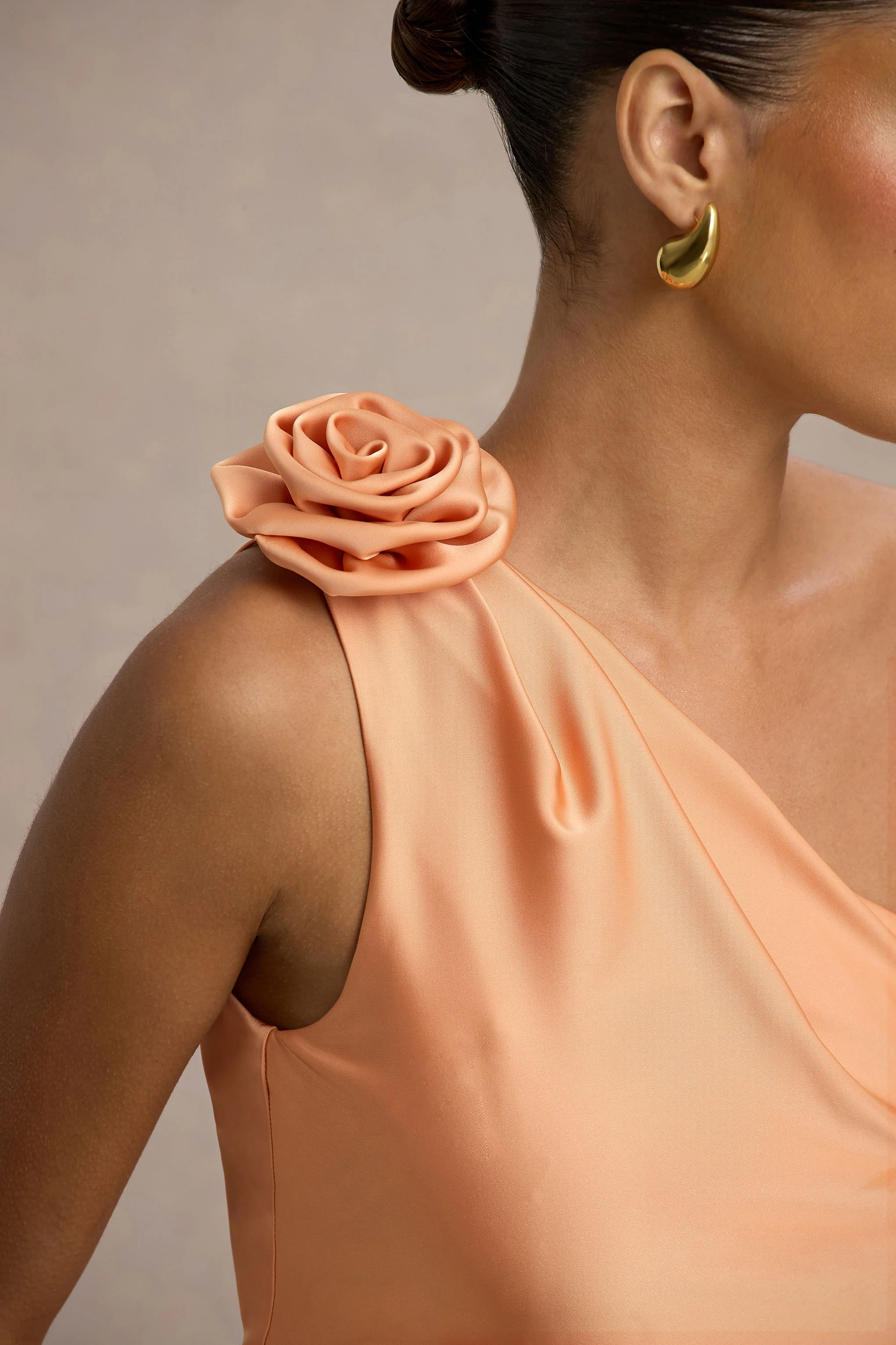 Janette | Peach Satin One-Shoulder Split Maxi Dress With Corsage - Image 6