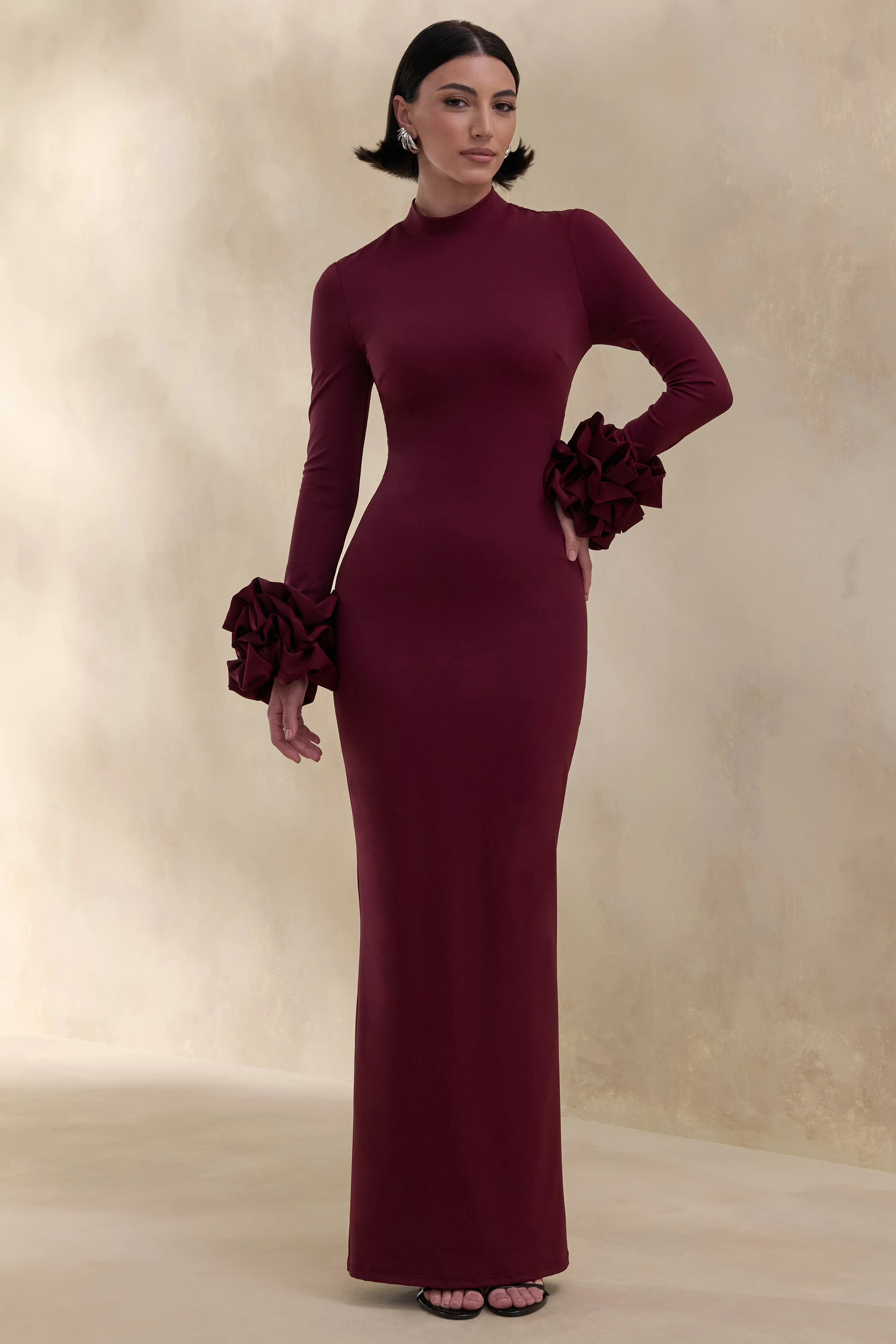 Jaselle | Dark Plum High-Neck Maxi Dress With Ruffled Satin-Cuffs - Image 3