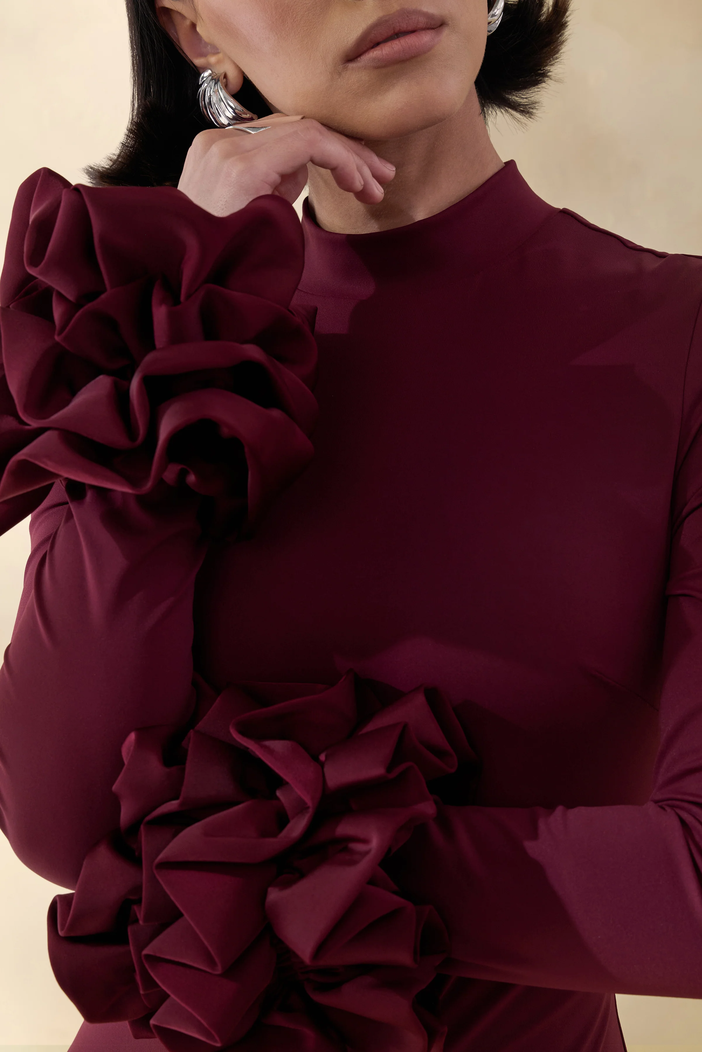 Jaselle | Dark Plum High-Neck Maxi Dress With Ruffled Satin-Cuffs - Image 4