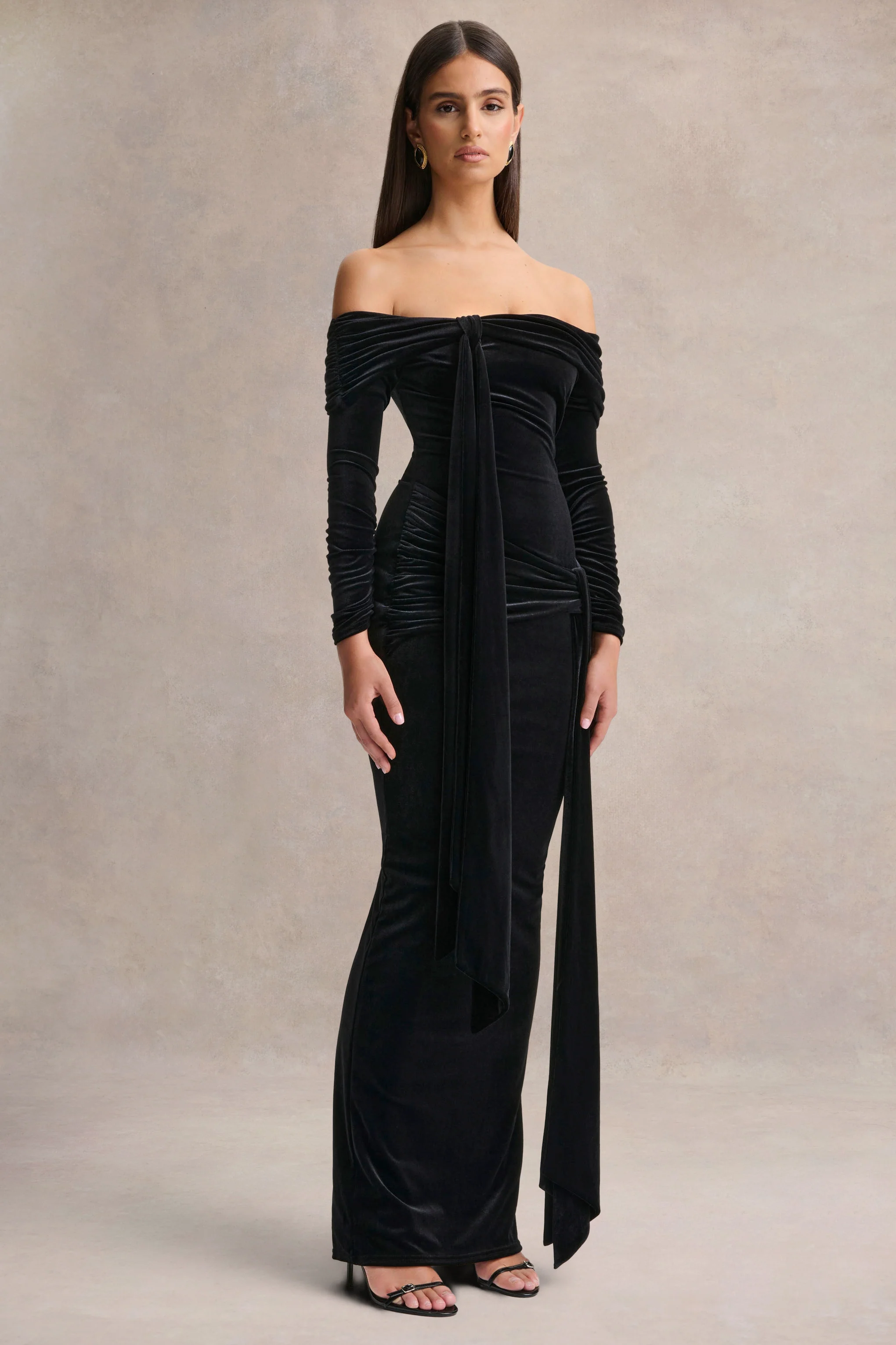Jessara | Black Bardot-Neck Maxi Dress With Knot-Details - Image 4