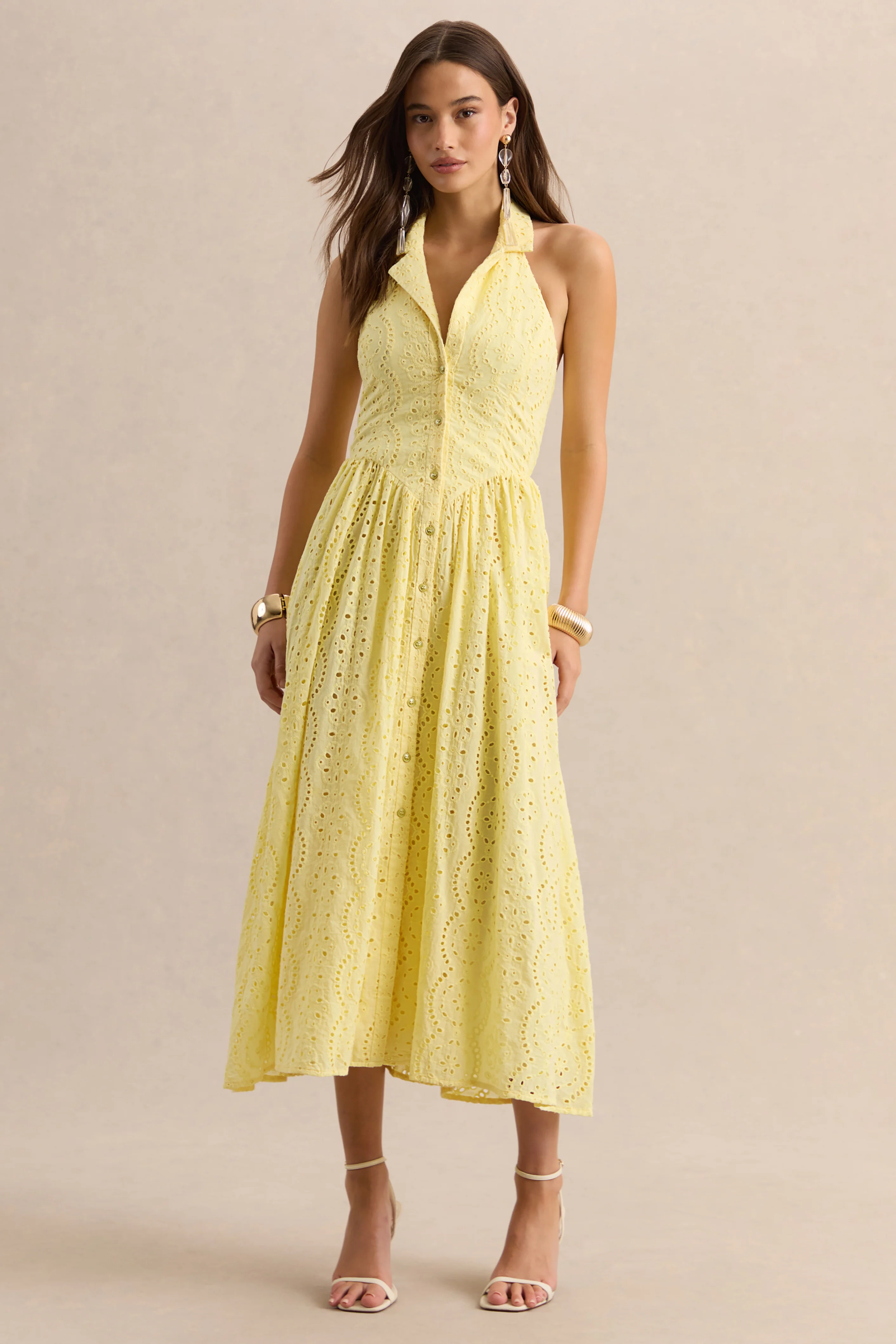 Jezebel | Yellow Lace Plunge-Neck Collared Midi Dress - Image 5