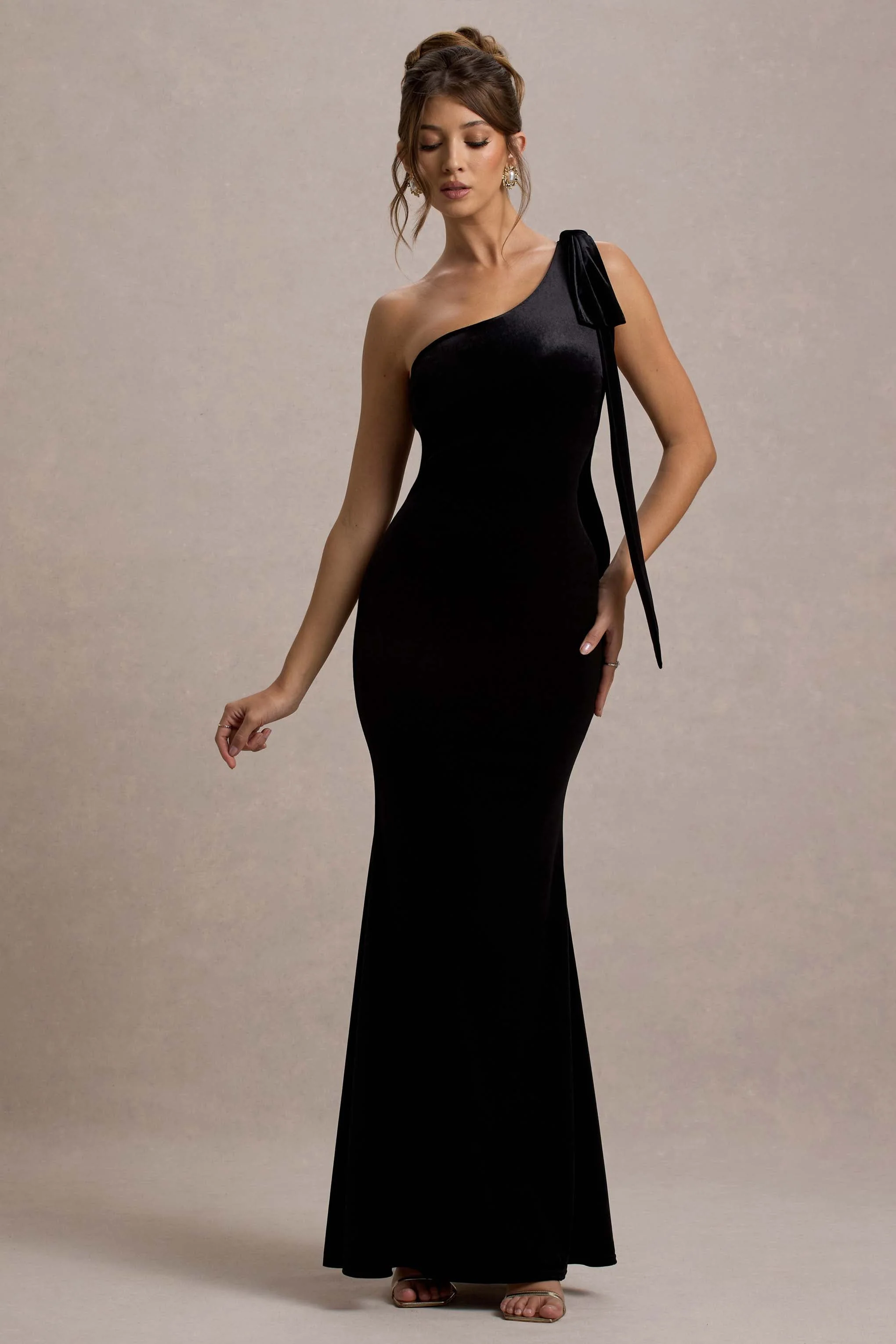 Jillian | Black Velvet Asymmetric Maxi Dress With Bow Strap - Image 4