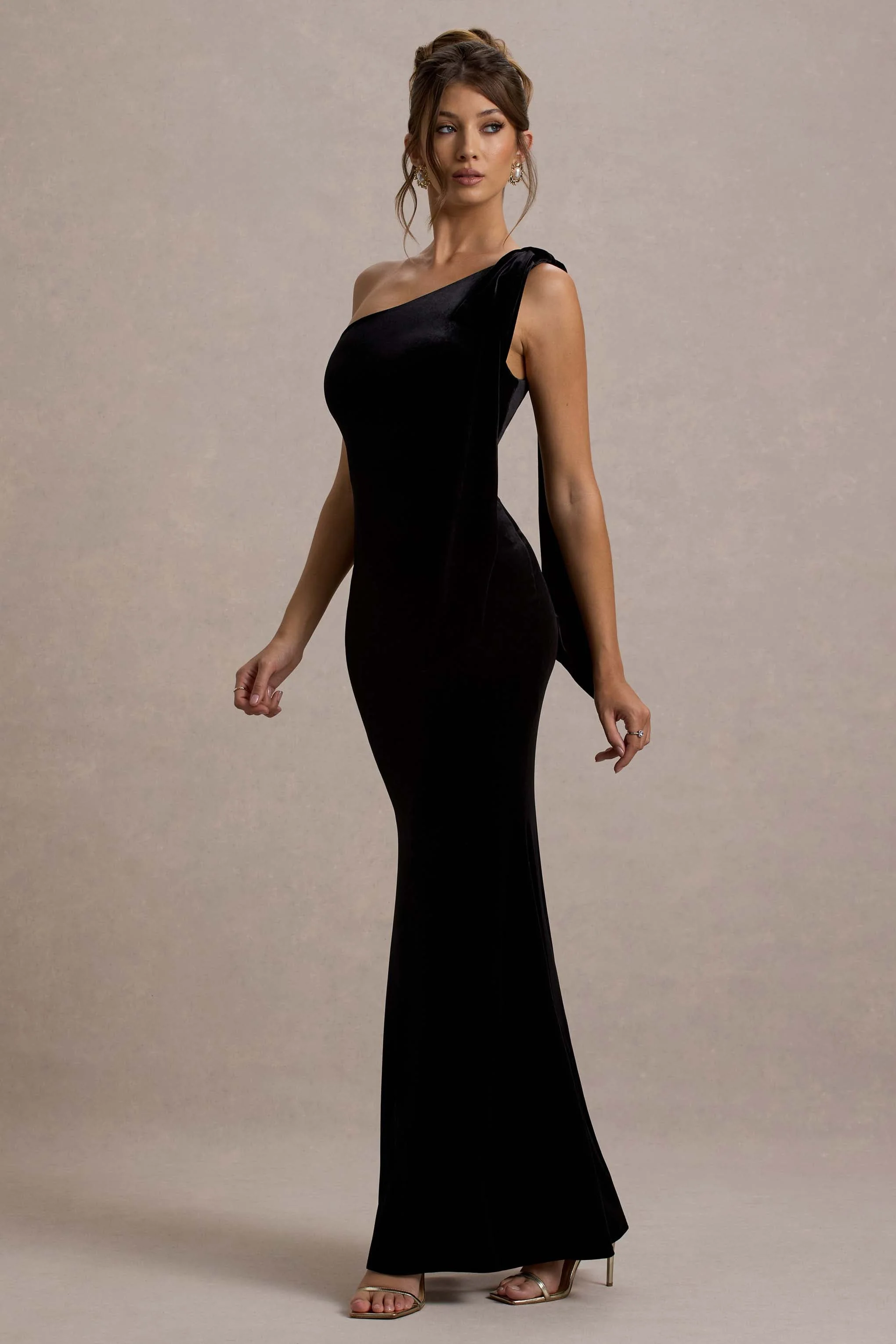 Jillian | Black Velvet Asymmetric Maxi Dress With Bow Strap - Image 5