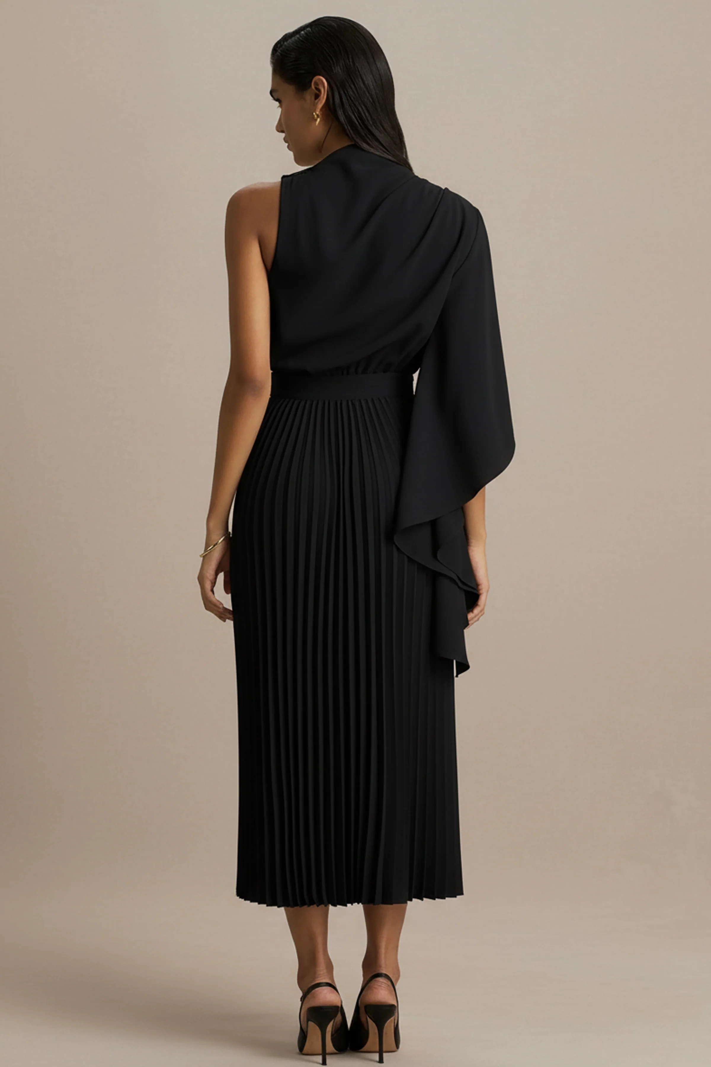 Jimena | Black High-Neck Midi Dress With One-Long Sleeve And Pleated Detailing - Image 2