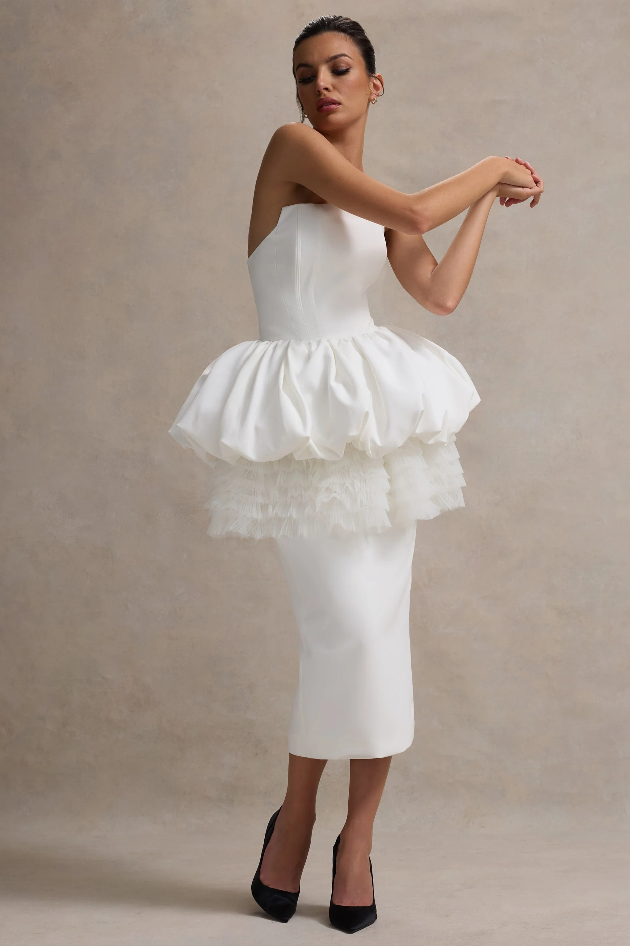 Jones | White Strapless Midi Dress With Tulle Peplum Waist - Image 4