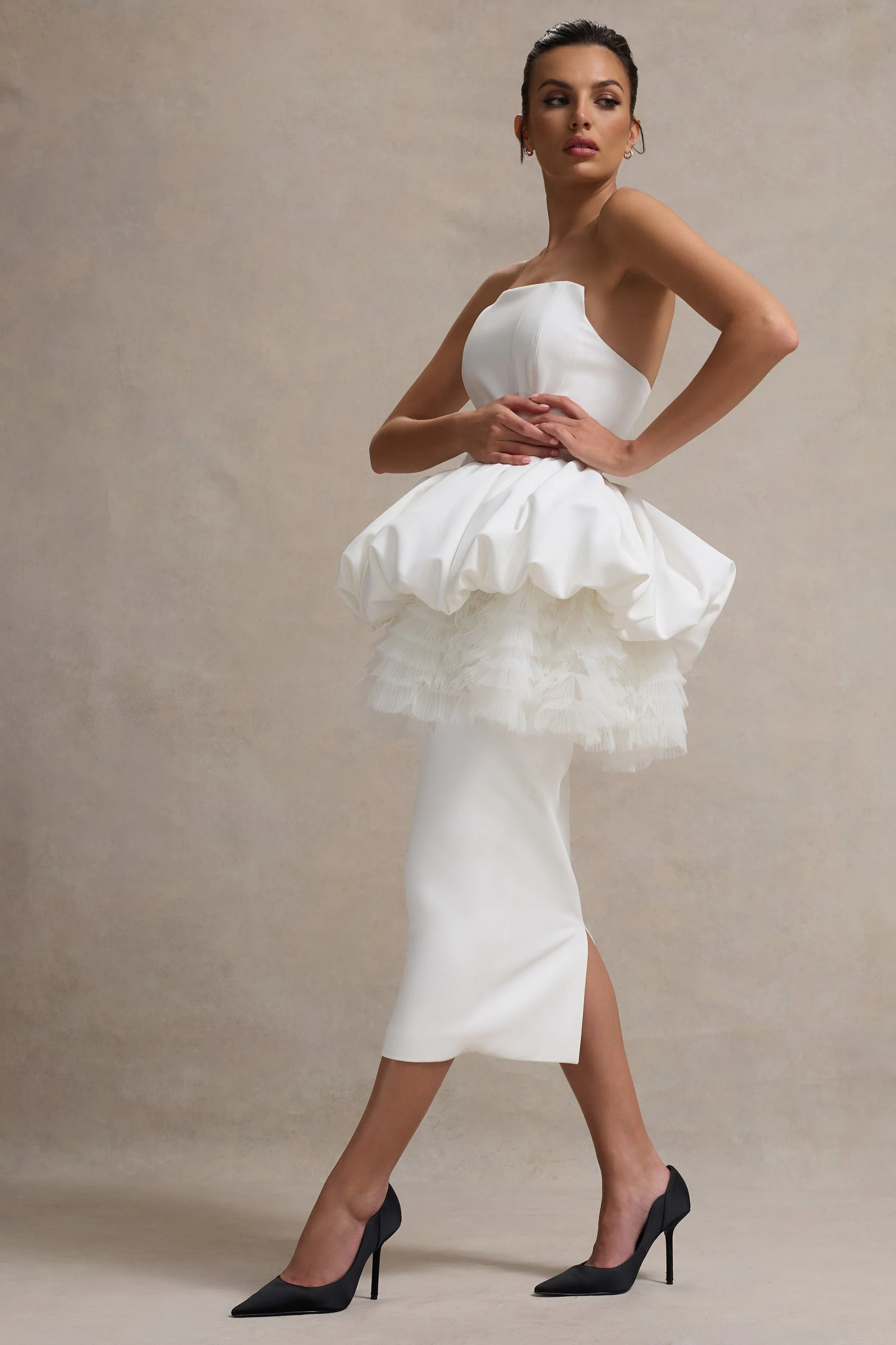 Jones | White Strapless Midi Dress With Tulle Peplum Waist - Image 5