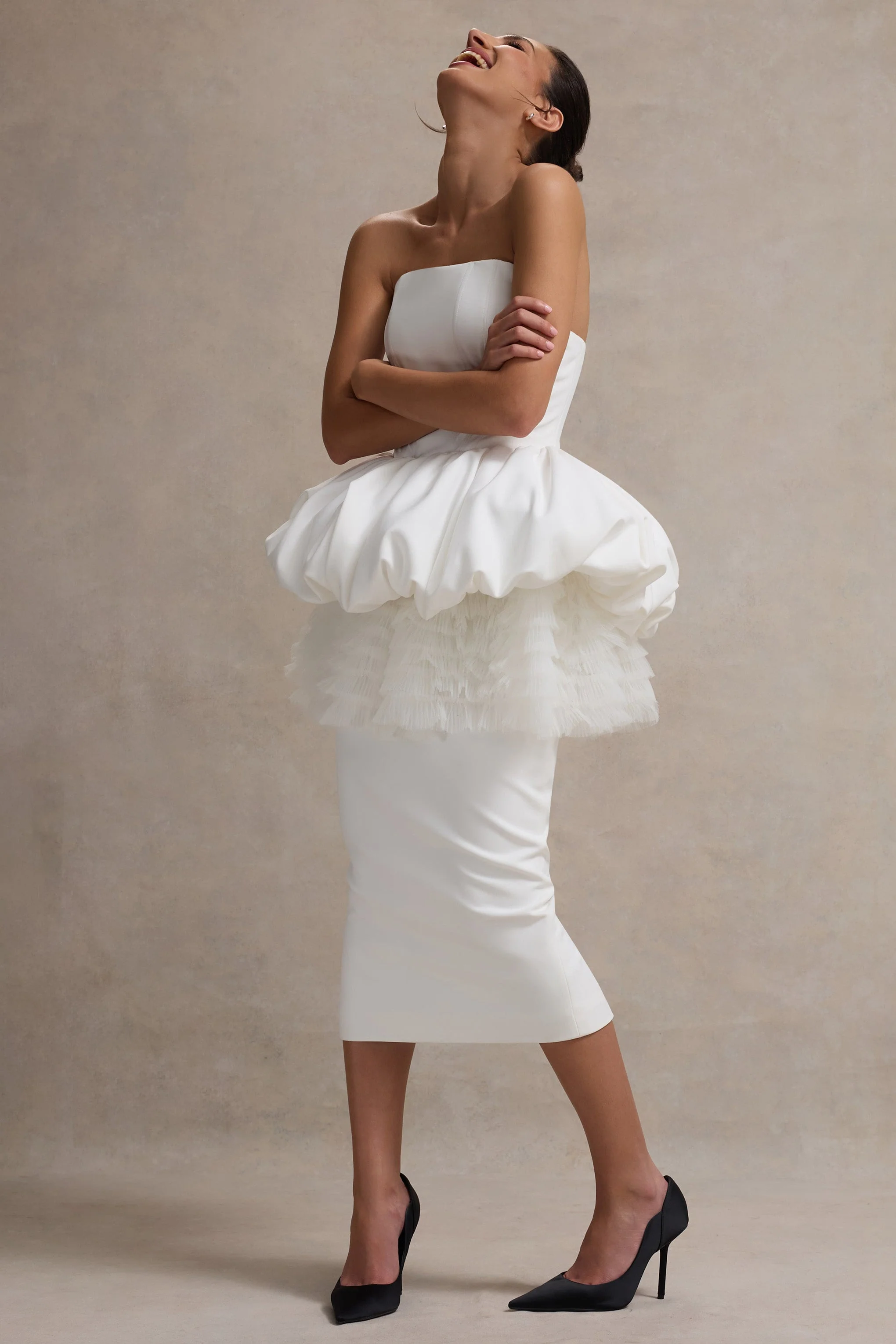 Jones | White Strapless Midi Dress With Tulle Peplum Waist - Image 6
