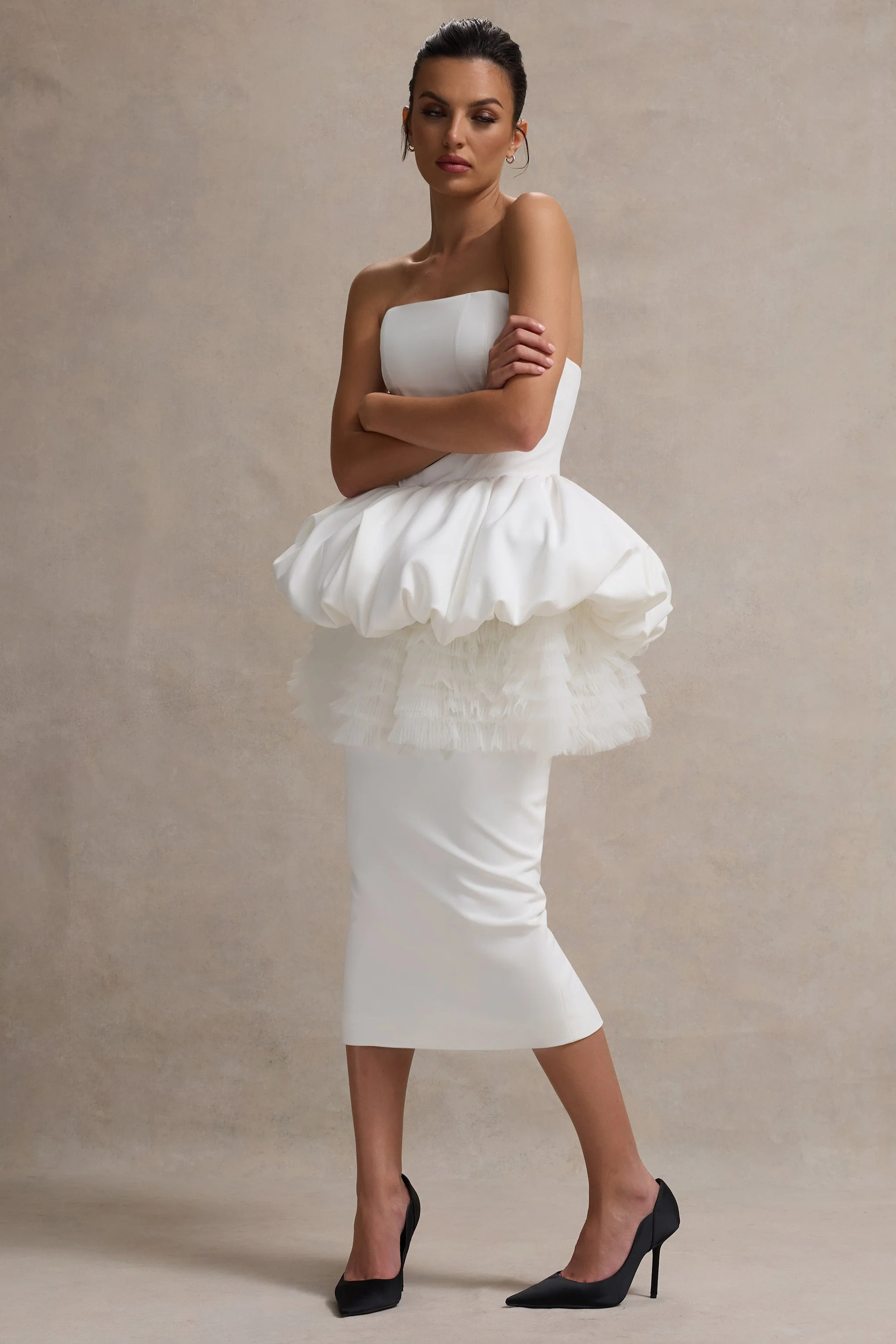 Jones | White Strapless Midi Dress With Tulle Peplum Waist - Image 7