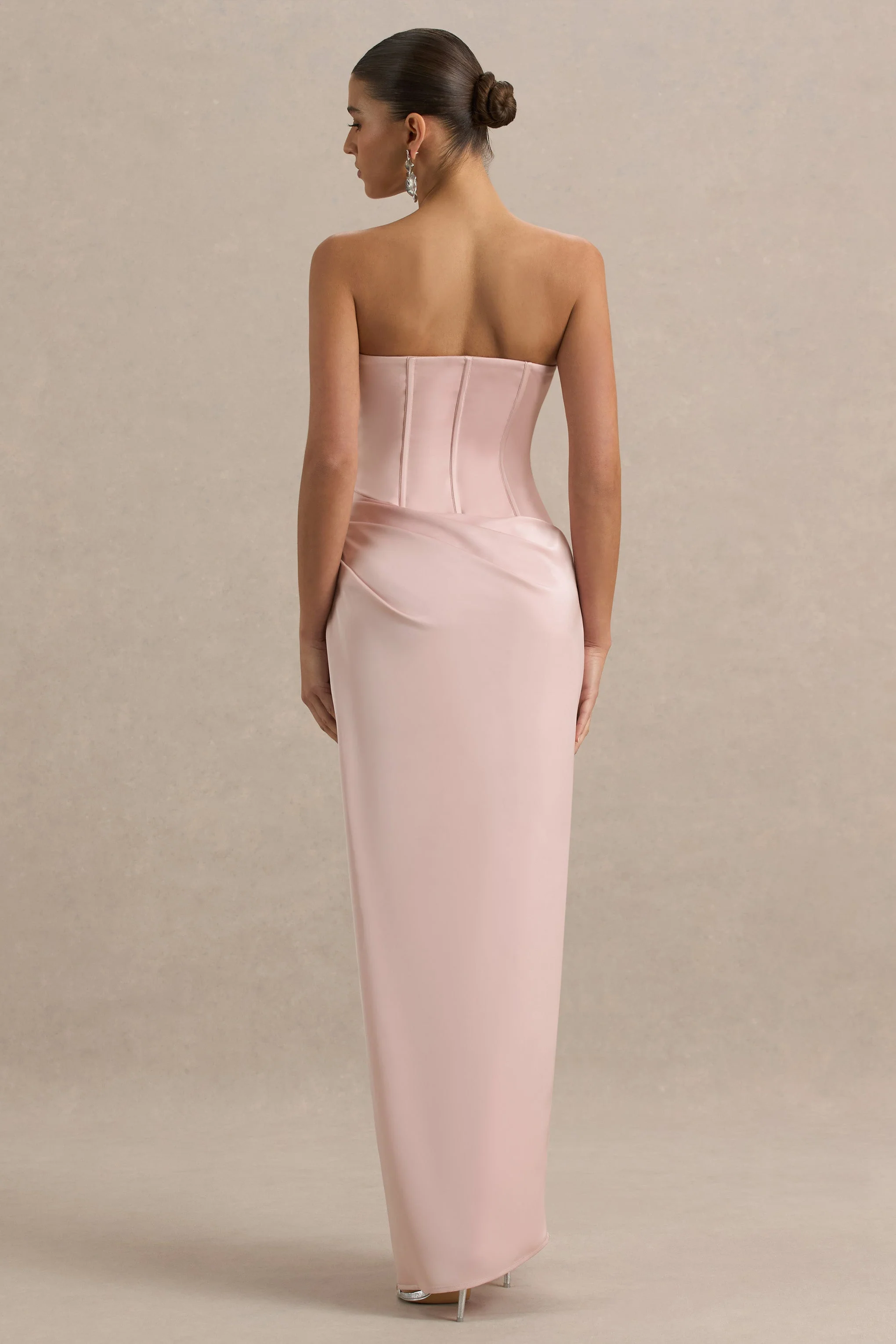 Joseline | Pale Pink Satin Corset Wrap Maxi Dress With Scarf - Image 2