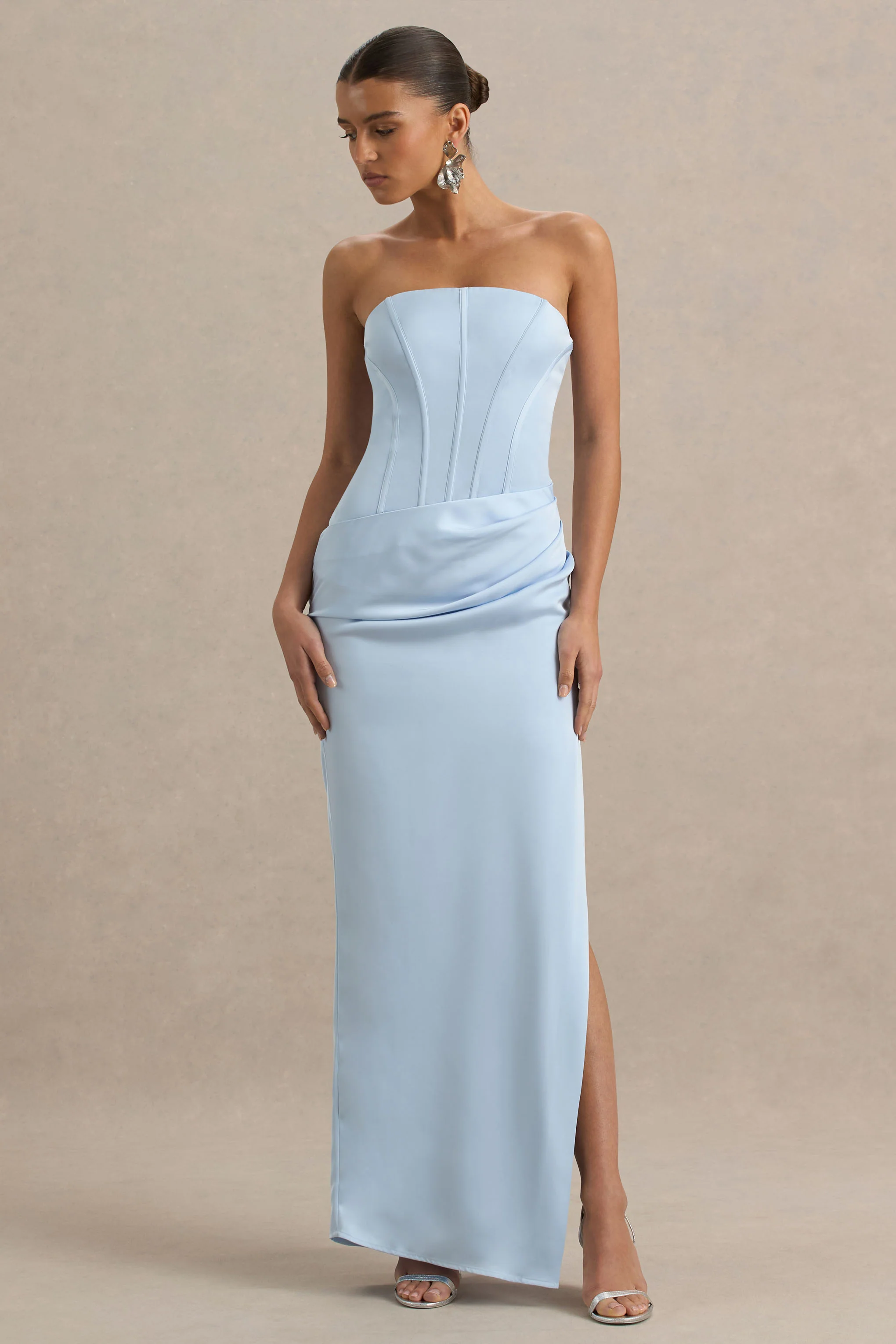 Joseline | Powder Blue Satin Corset Wrap Maxi Dress With Scarf - Image 4