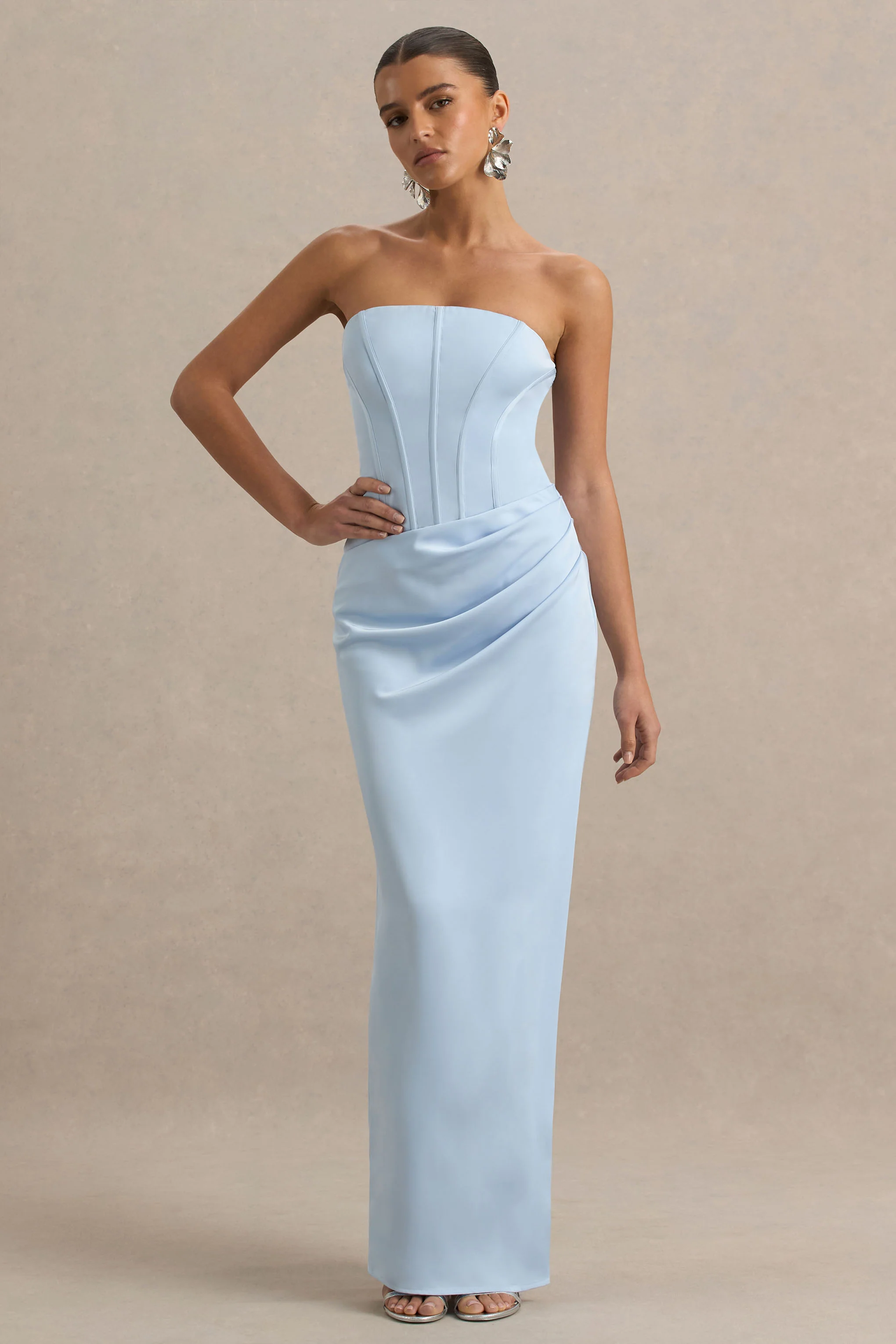 Joseline | Powder Blue Satin Corset Wrap Maxi Dress With Scarf - Image 5