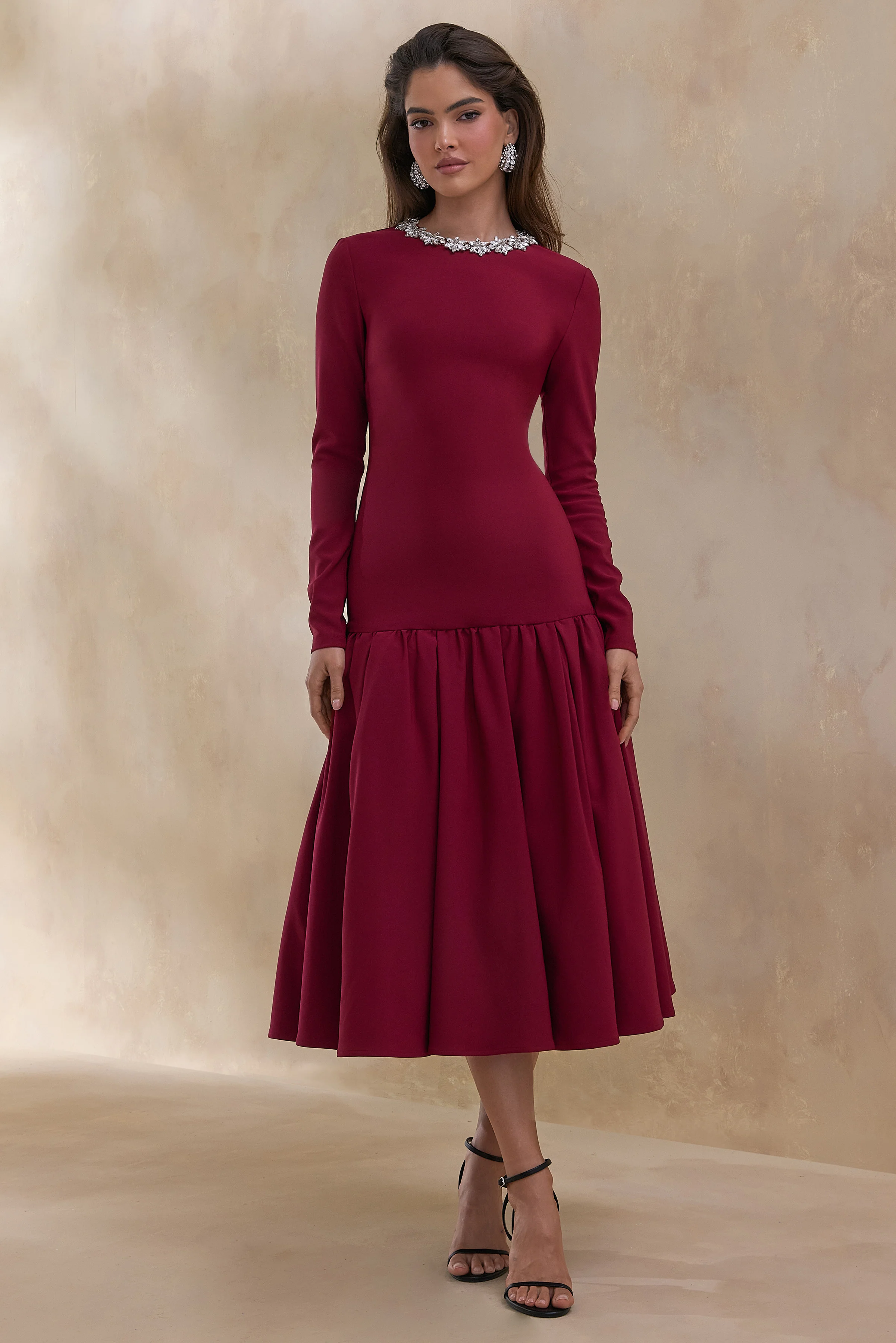 Jovana | Burgundy Hand-Embellished Crew-Neck Midi Dress With Drop Waist