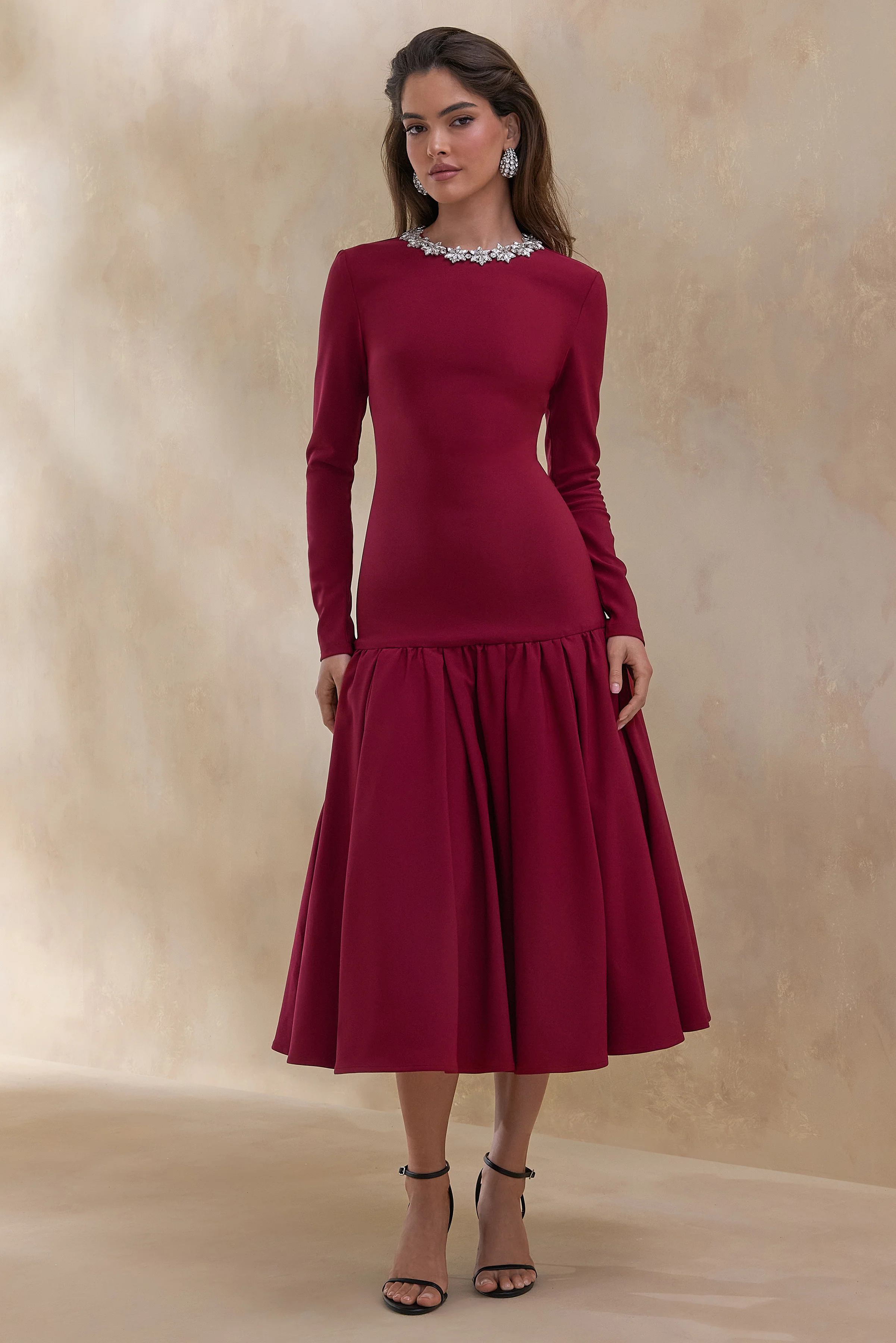 Jovana | Burgundy Hand-Embellished Crew-Neck Midi Dress With Drop Waist - Image 5