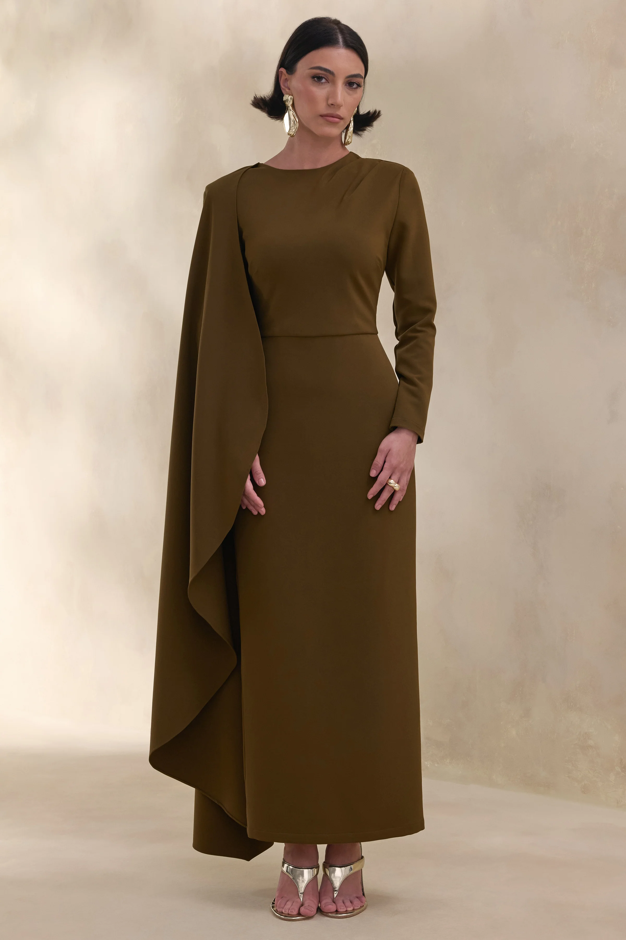 Jovea | Olive Round-Neck Maxi Dress With Cape-Sleeve