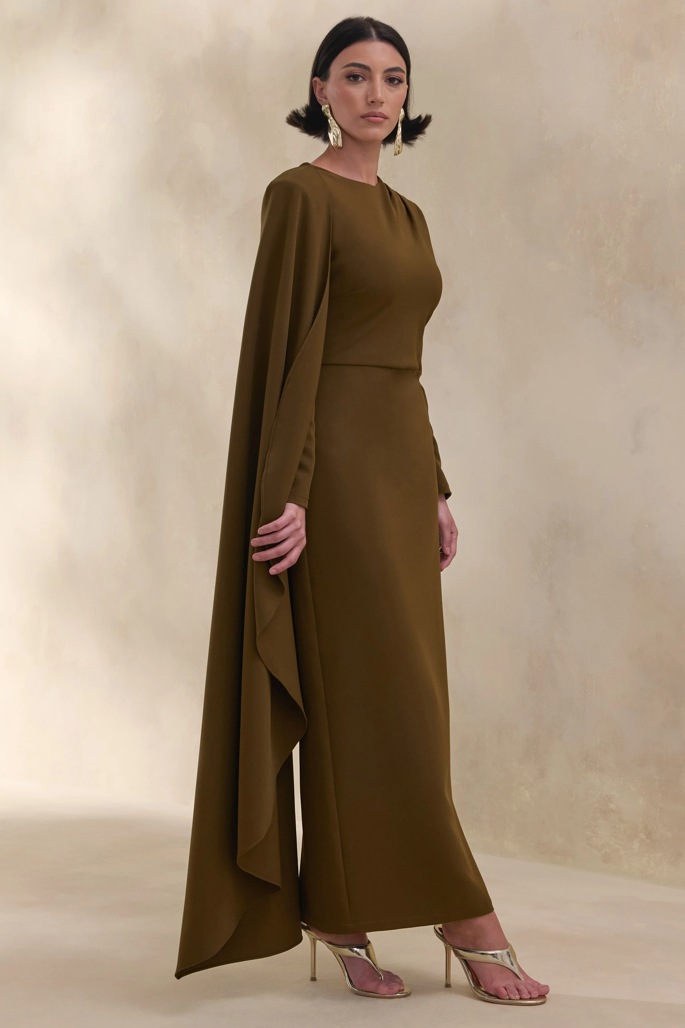 Jovea | Olive Round-Neck Maxi Dress With Cape-Sleeve - Image 6