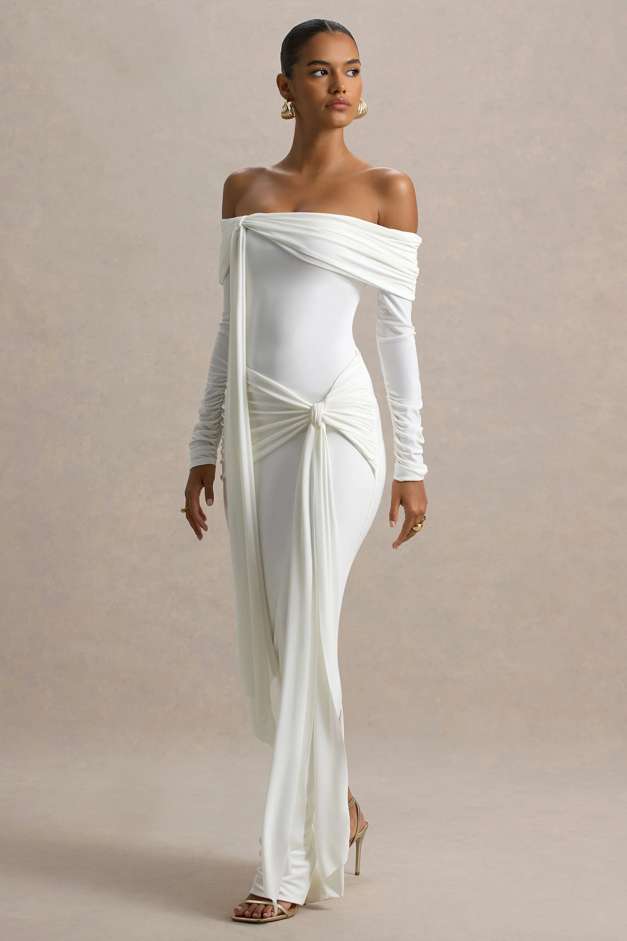 Jovie | White Bardot Wrap Maxi Dress With Sash Detail - Image 5