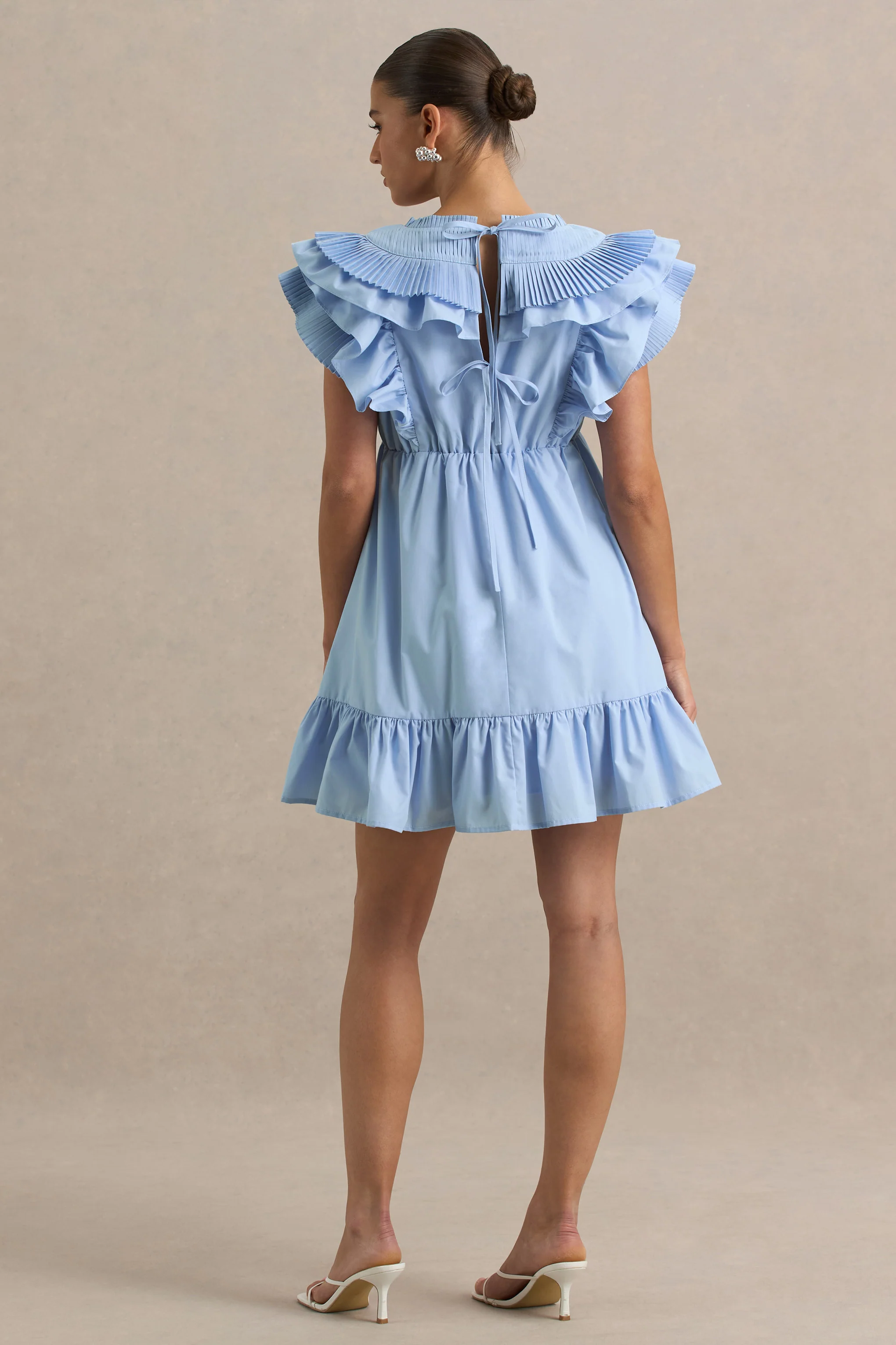 Judie | Blue Poplin V-Neck Ruffled Mini Dress - Image 2