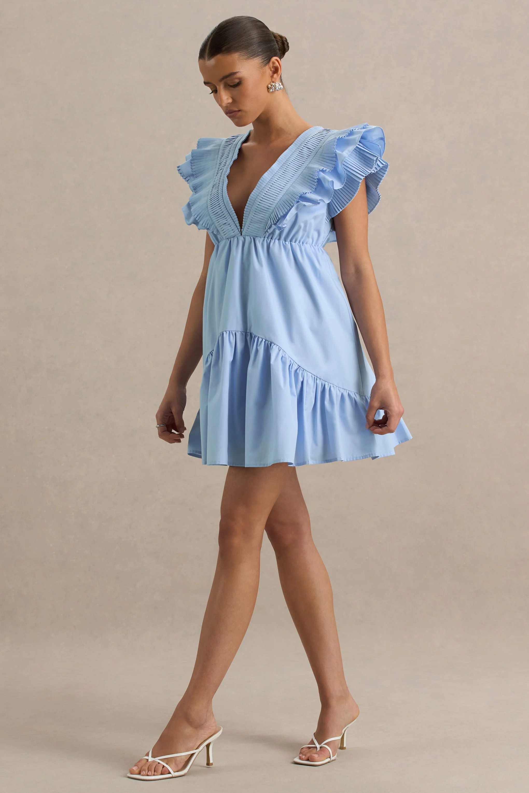 Judie | Blue Poplin V-Neck Ruffled Mini Dress - Image 5