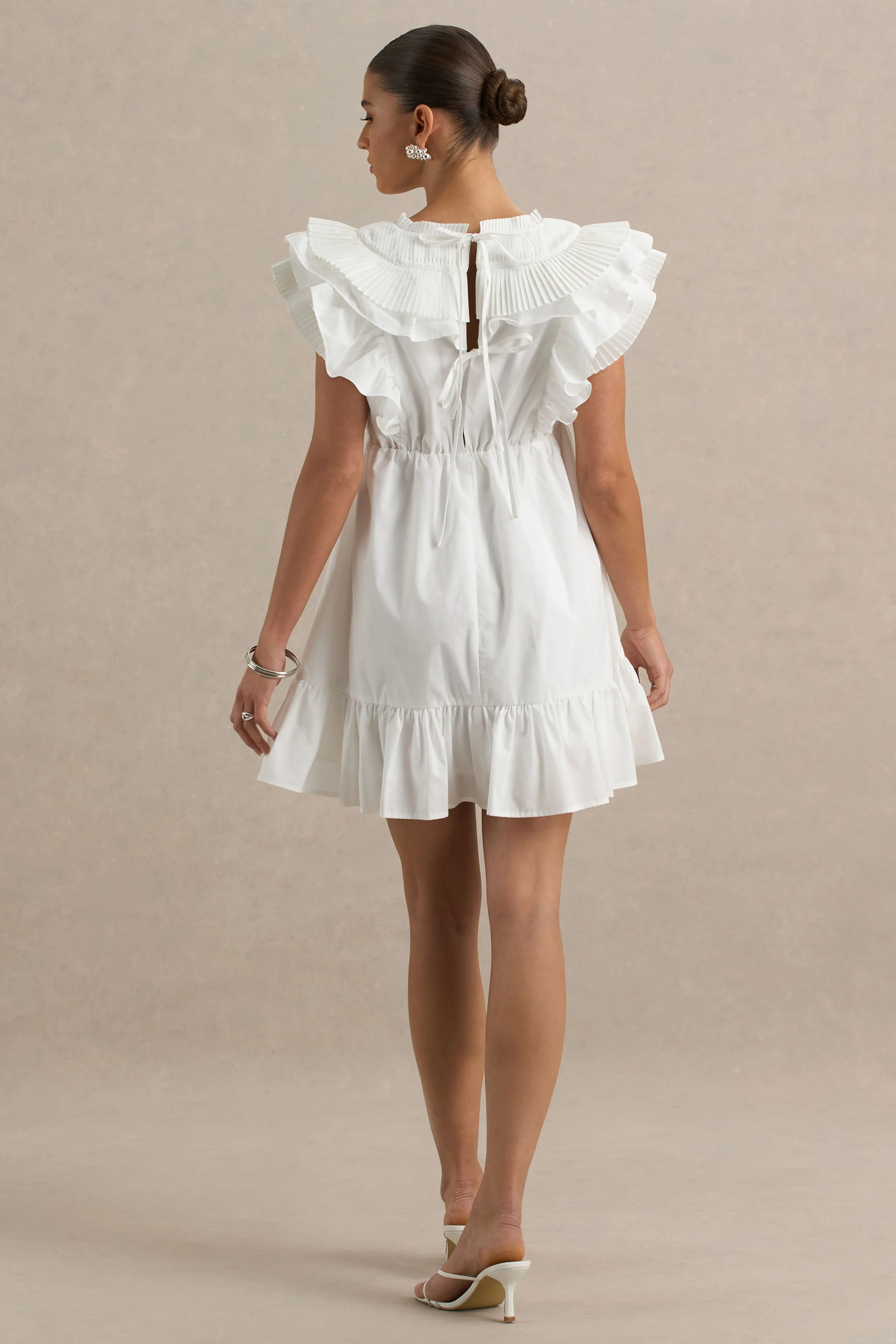 Judie | White Poplin V-Neck Ruffled Mini Dress - Image 2