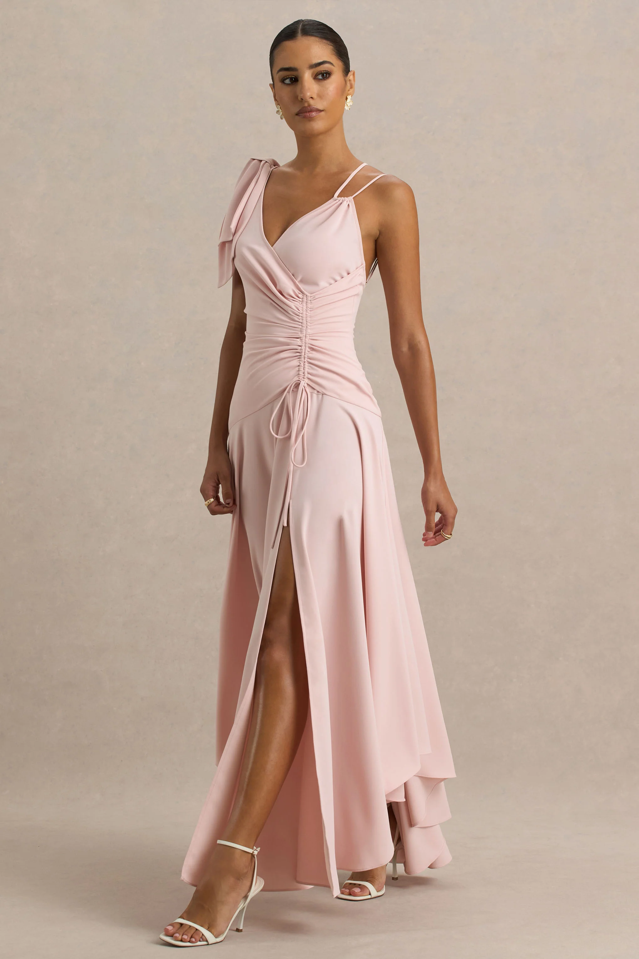 Julieta | Baby Pink Asymmetric-Neck Maxi Dress With Bow Detail And Open-Back - Image 5