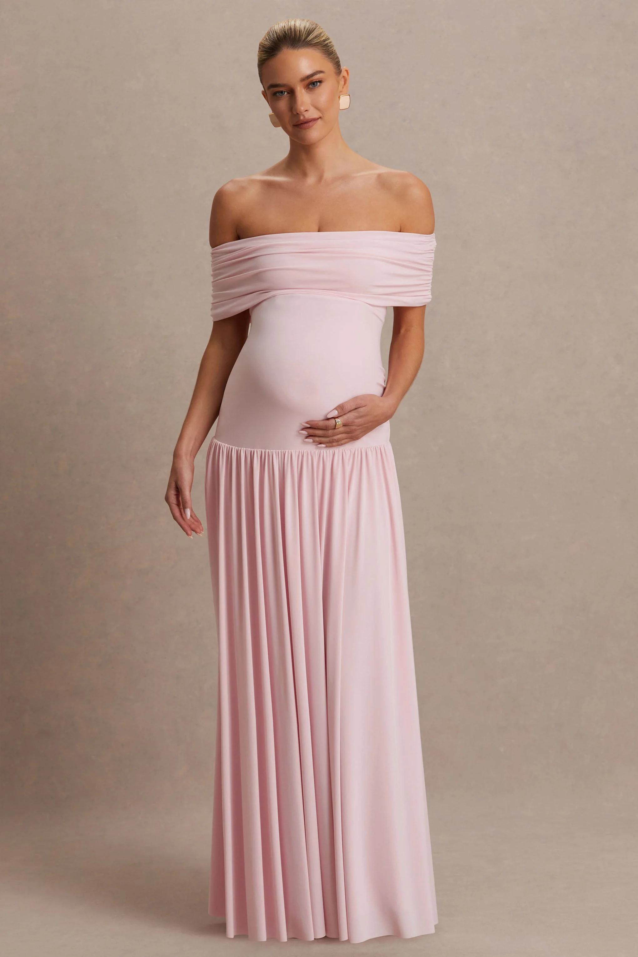 Juliette | Blush Pink Bardot-Neck Maternity Maxi Dress With Drop-Waist - Image 5