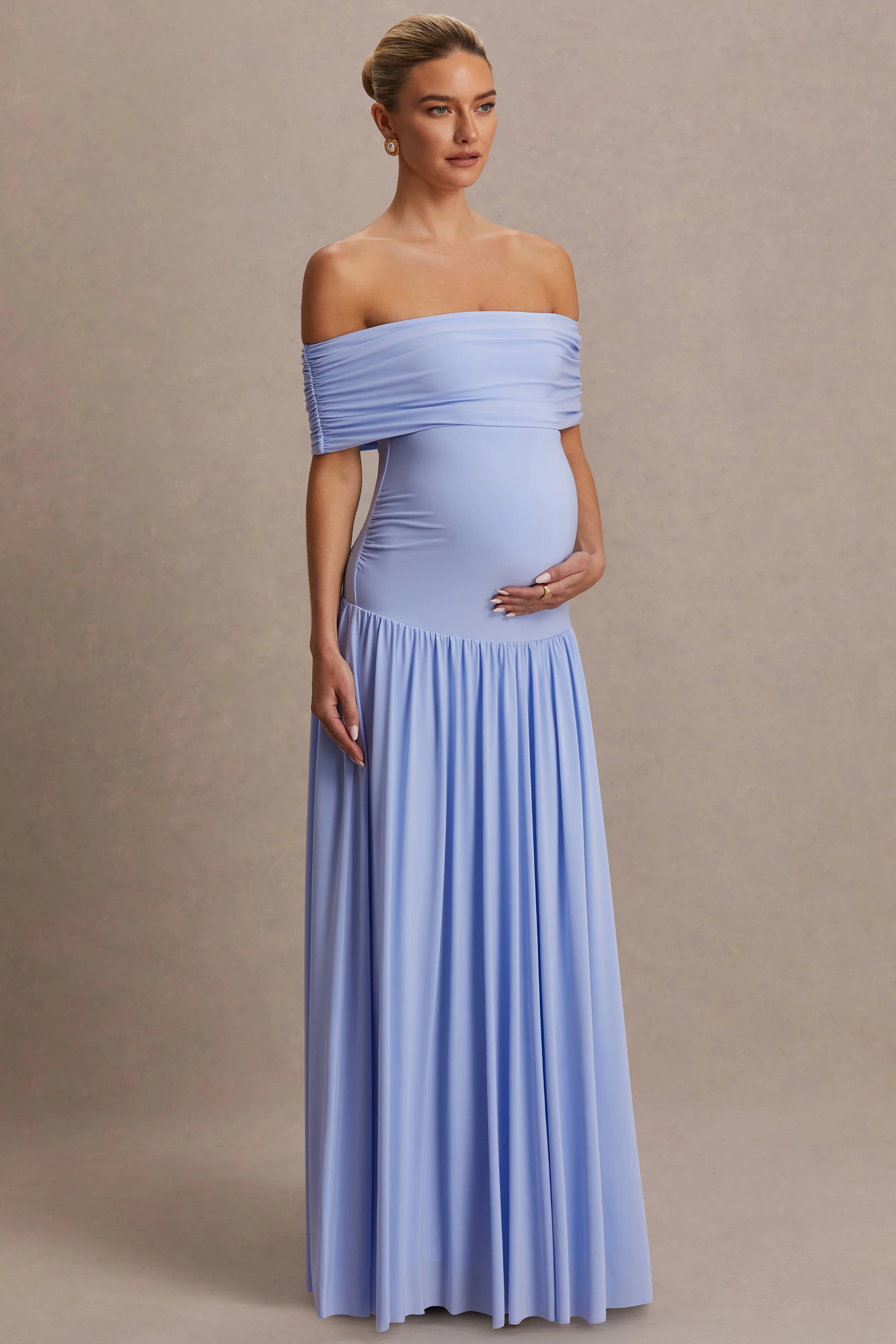 Juliette | Powder Blue Bardot-Neck Maternity Maxi Dress With Drop-Waist - Image 5