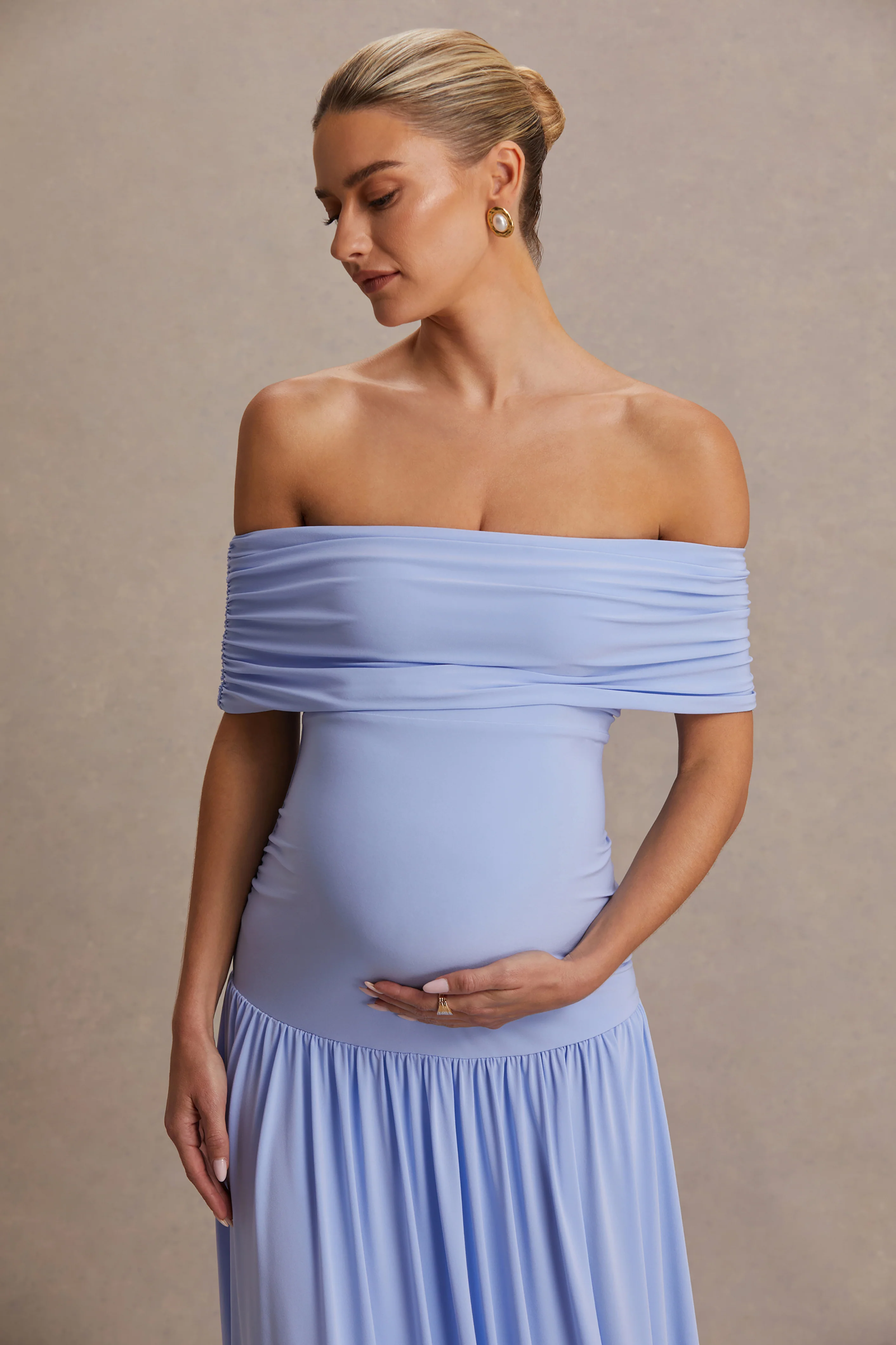 Juliette | Powder Blue Bardot-Neck Maternity Maxi Dress With Drop-Waist - Image 6