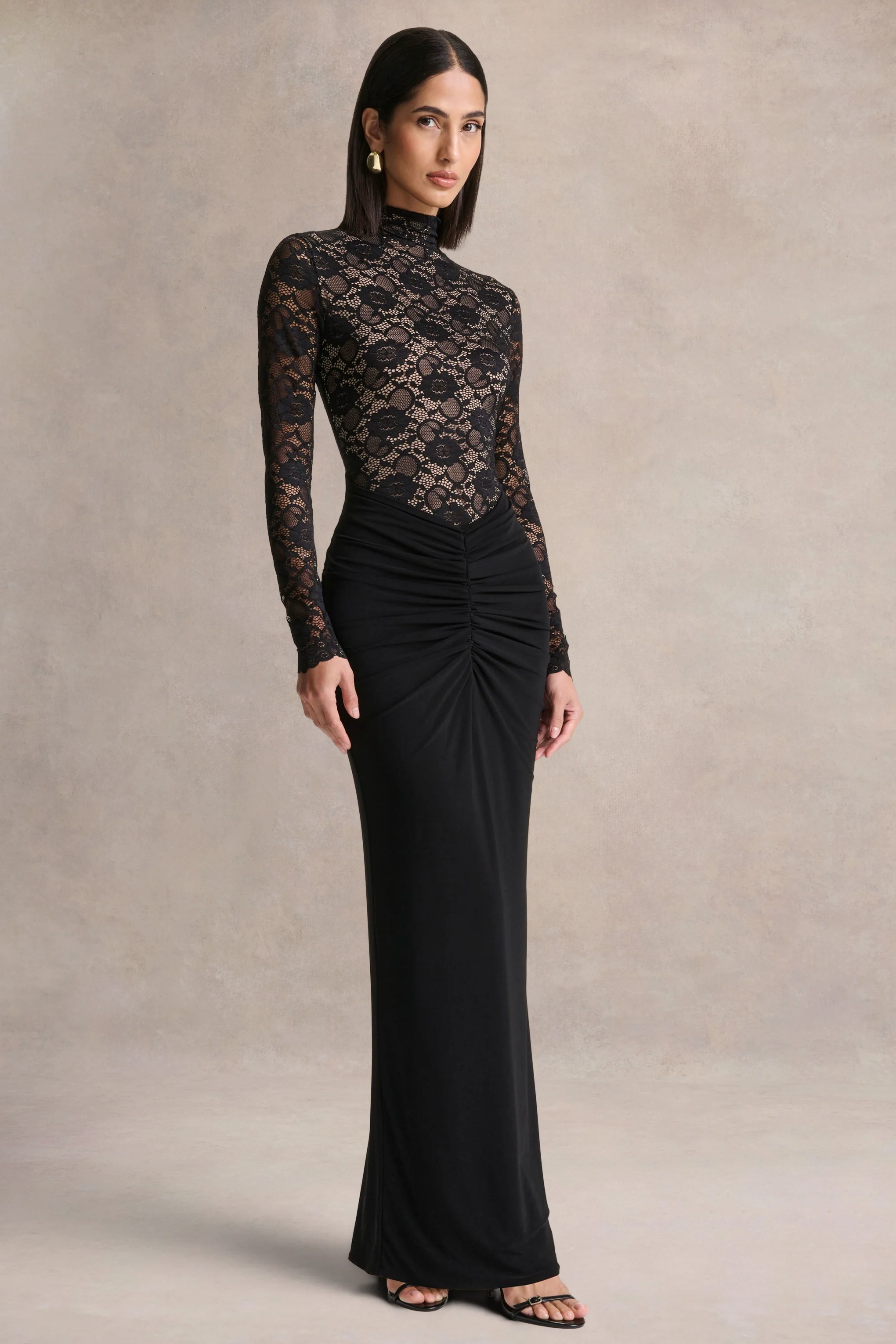 Justina | Black High-Neck Maxi Dress With Gathered-Detailing - Image 6