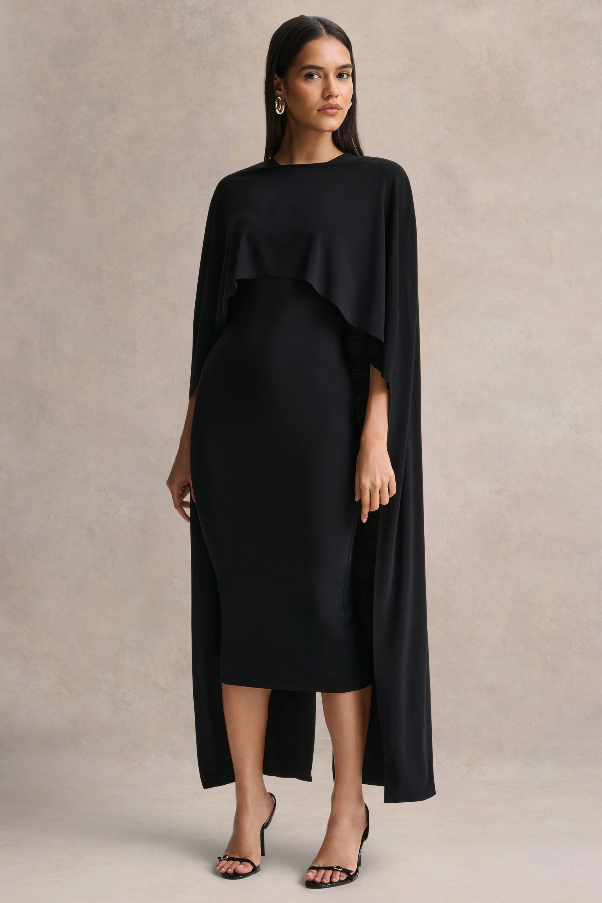 Kalani | Black Crew-Neck Midi Dress With Cape-Sleeves - Image 5