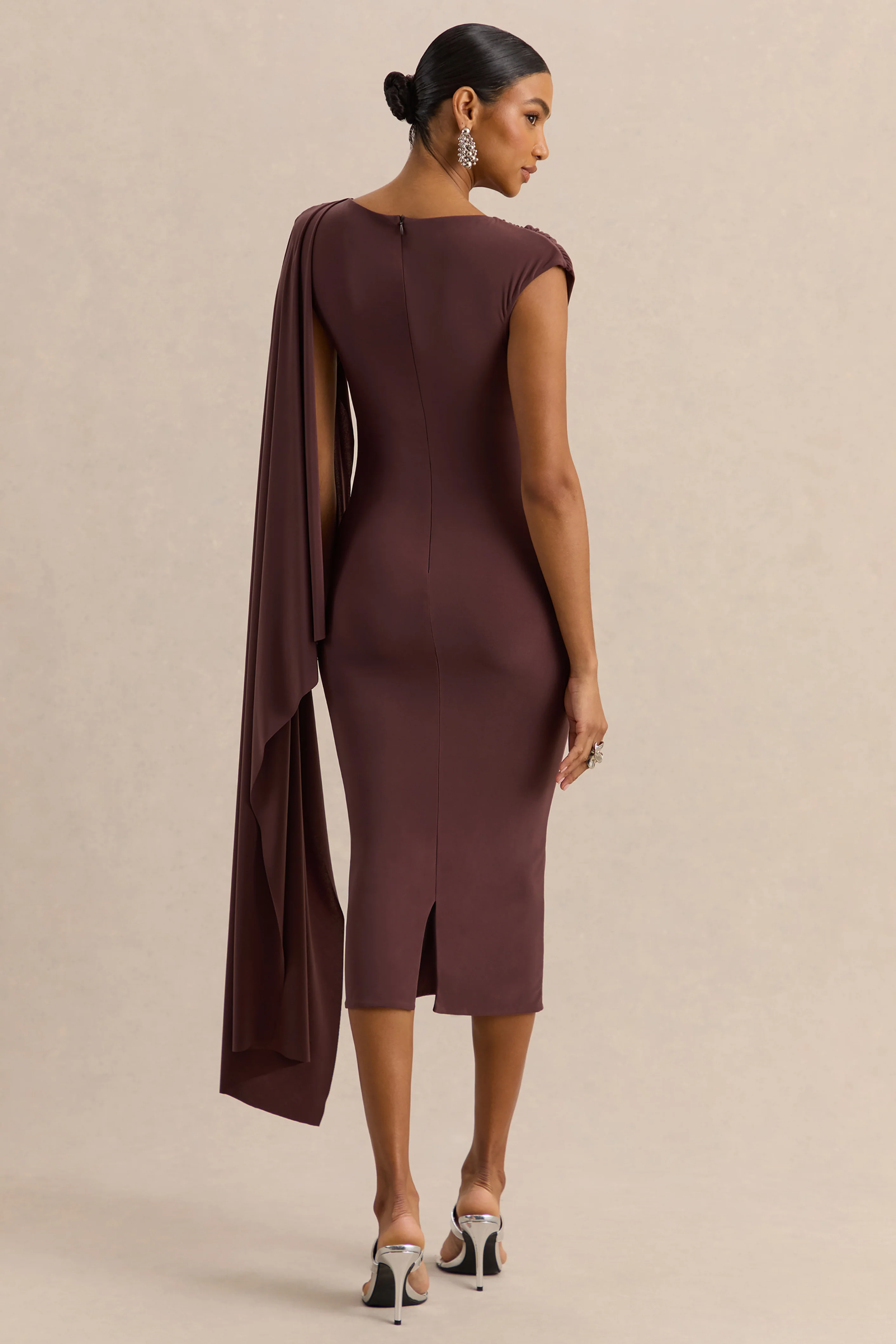 Kamoria | Brown Round-Neck Midi Dress With Cape-Sleeve - Image 2
