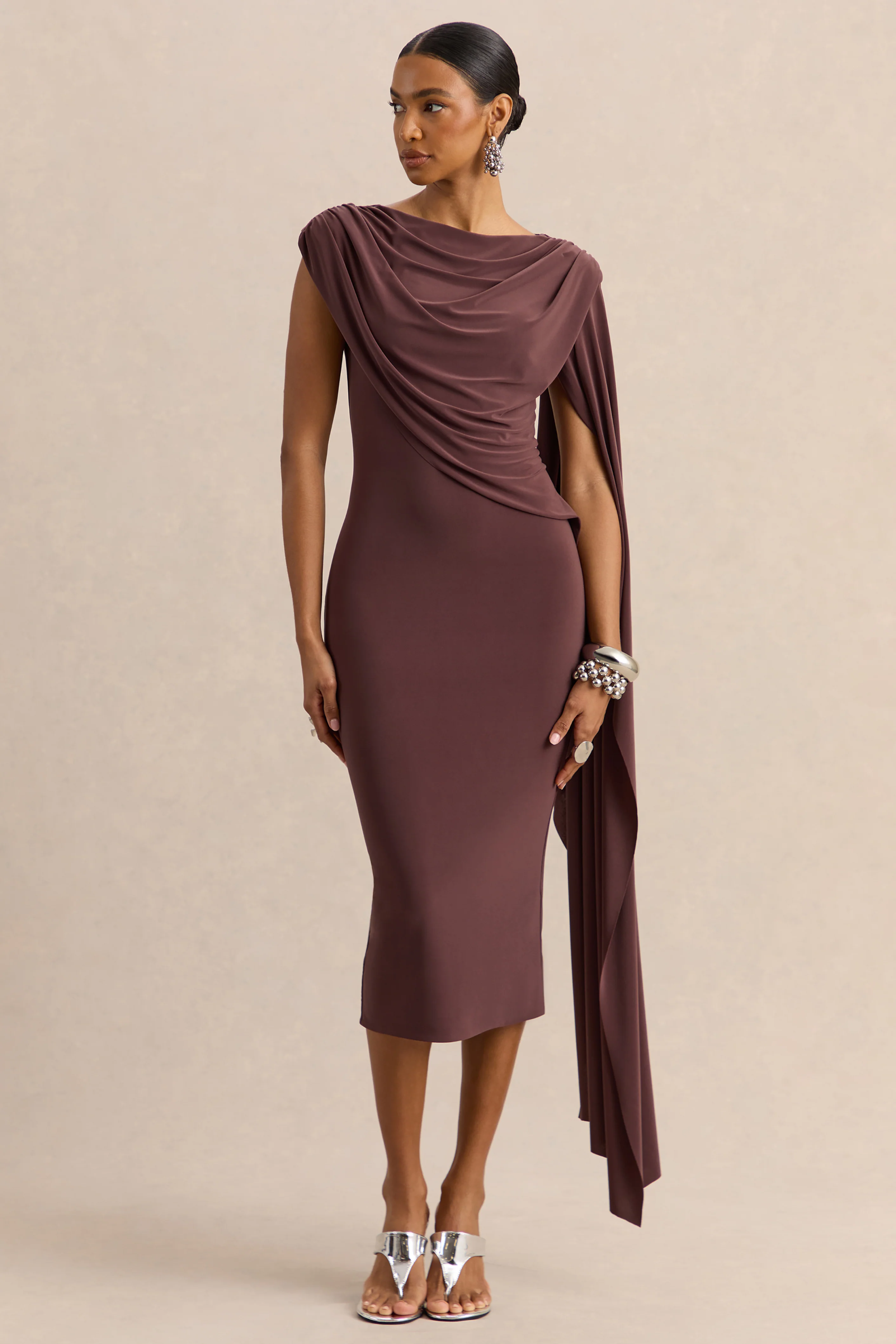 Kamoria | Brown Round-Neck Midi Dress With Cape-Sleeve - Image 4