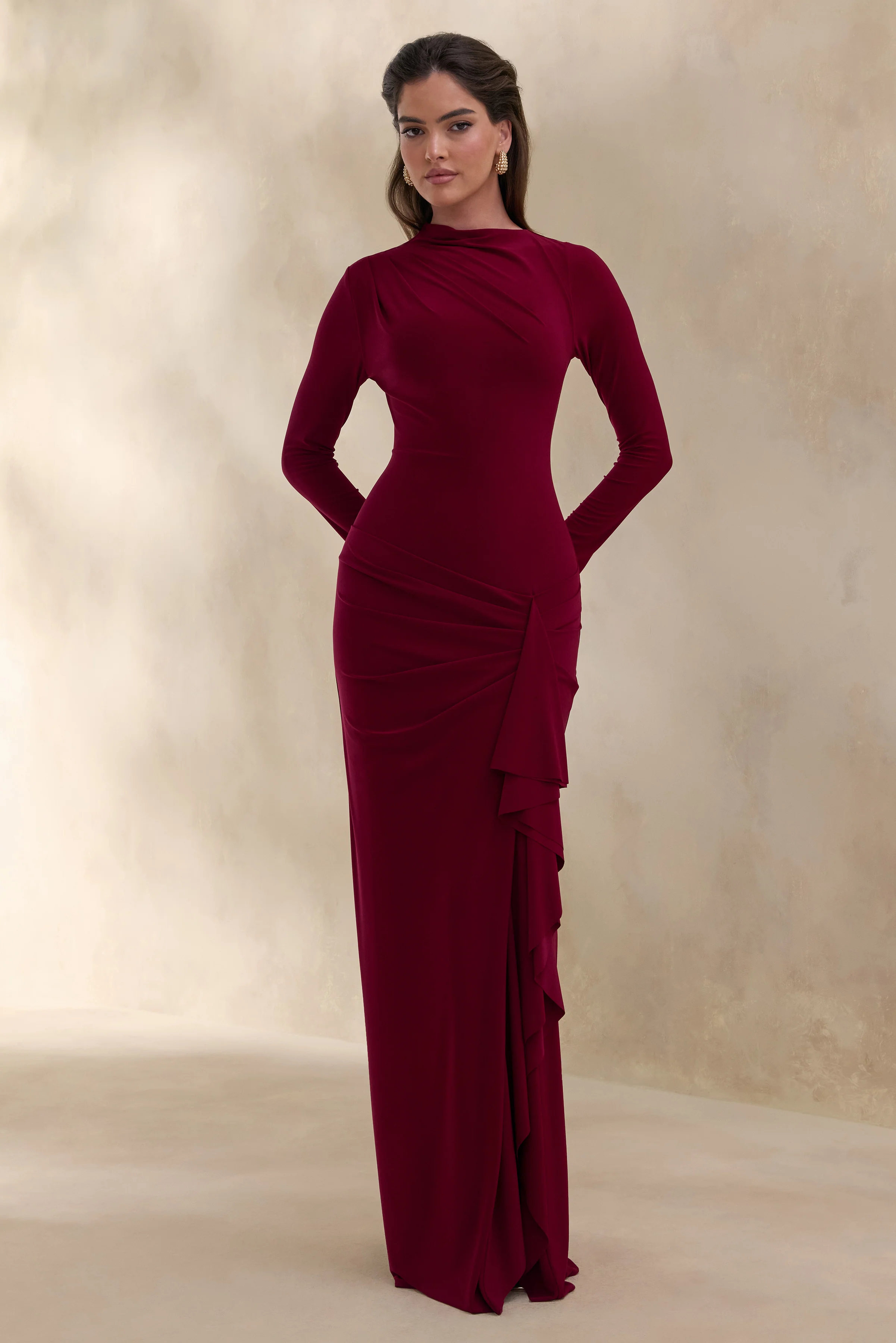 Karessa | Berry High-Neck Maxi Dress With Gathered Detailing And Front-High Split - Image 4