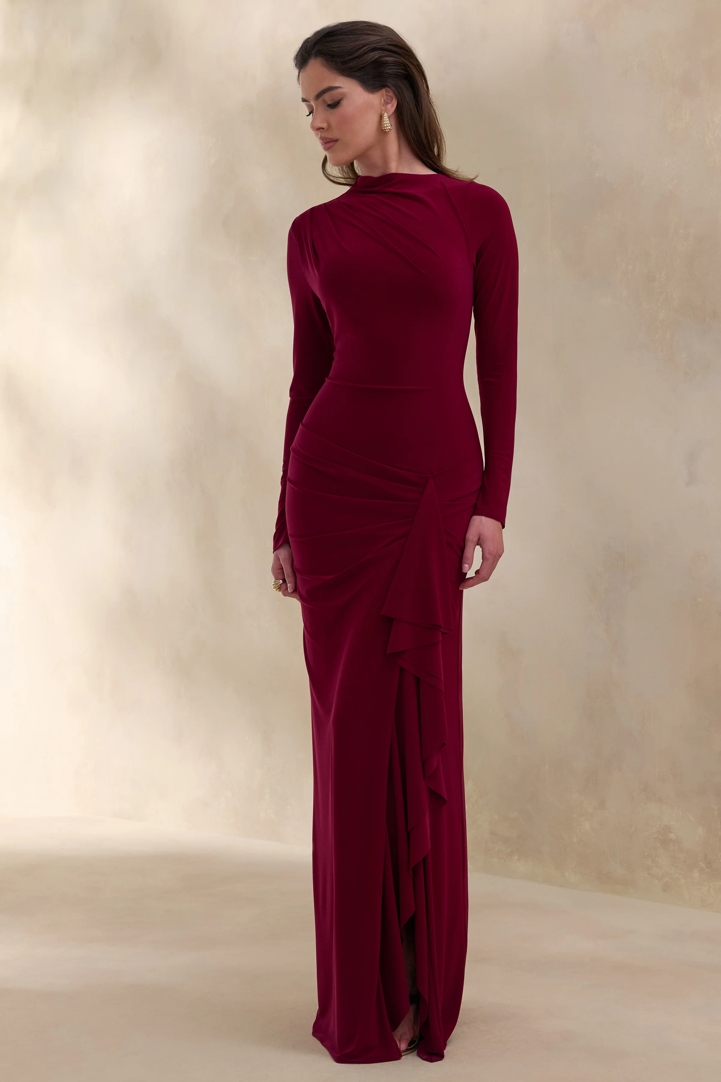 Karessa | Berry High-Neck Maxi Dress With Gathered Detailing And Front-High Split - Image 5