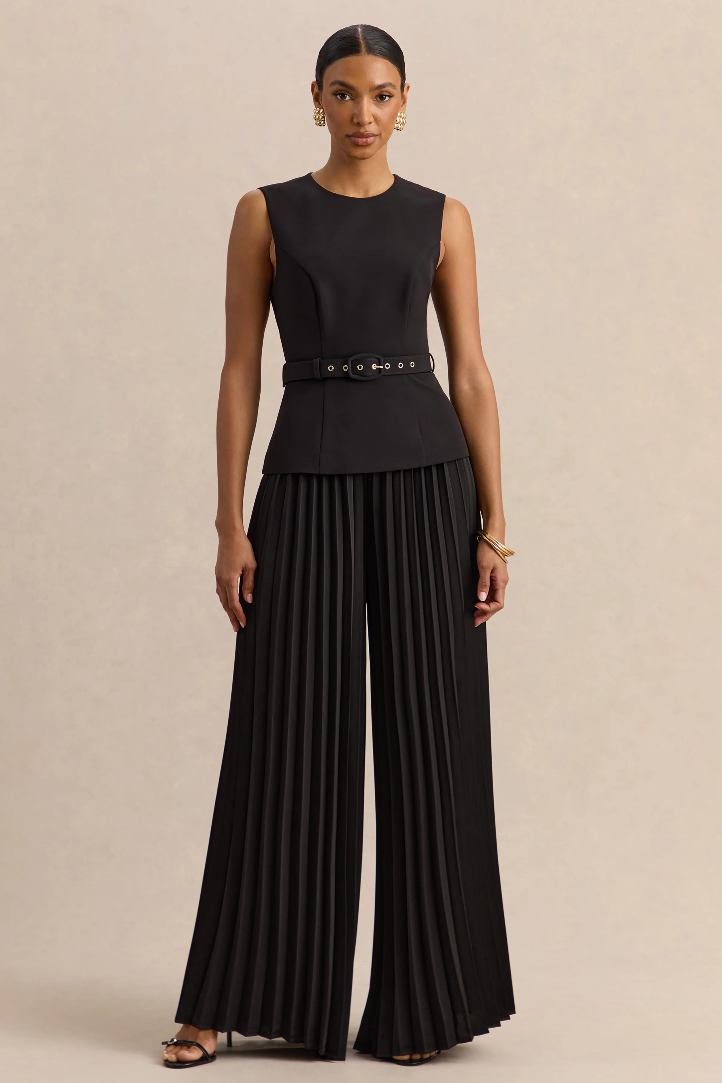 Karienne | Black Round-Neck Top With Belted-Detail - Image 4