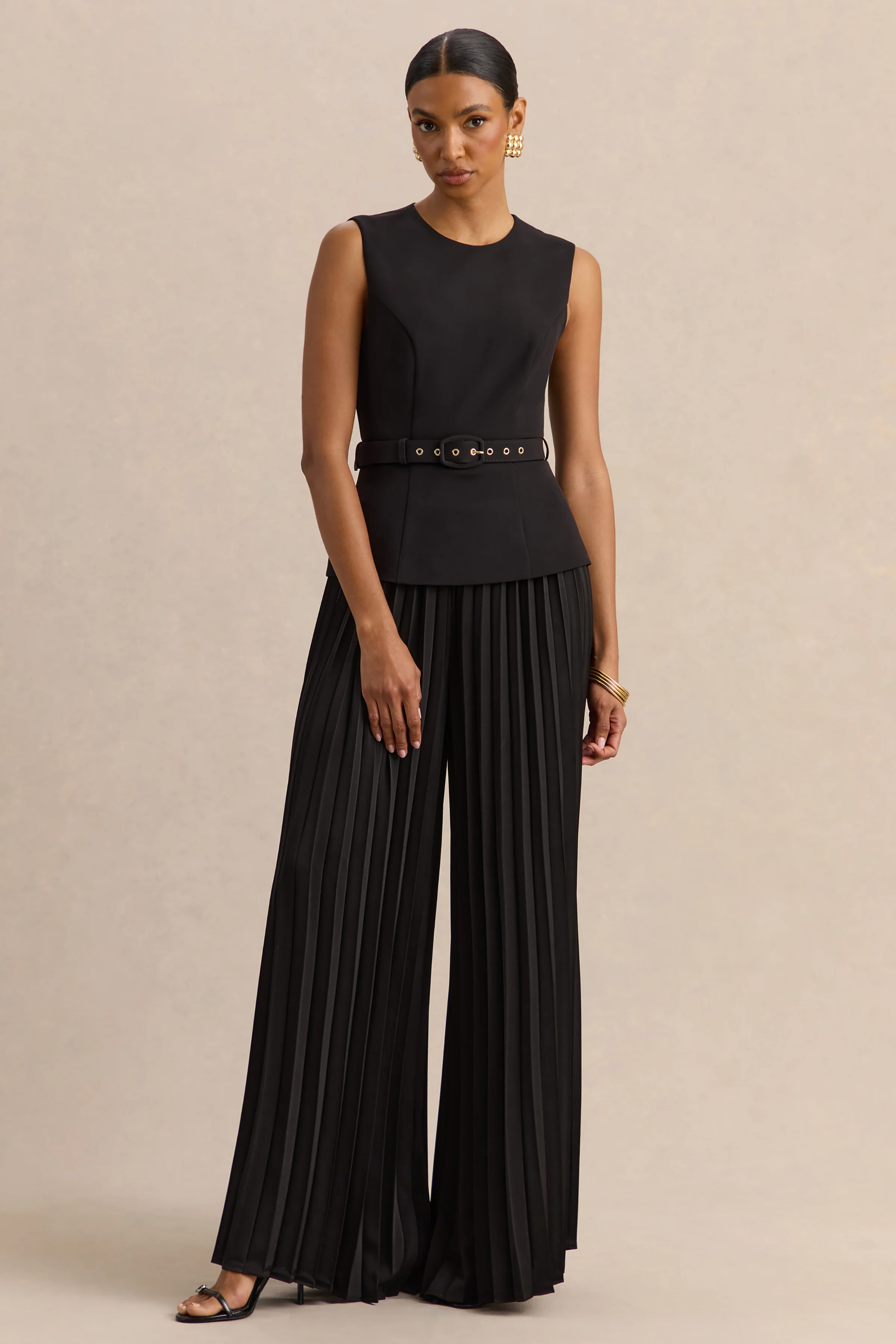 Karienne | Black Round-Neck Top With Belted-Detail - Image 6