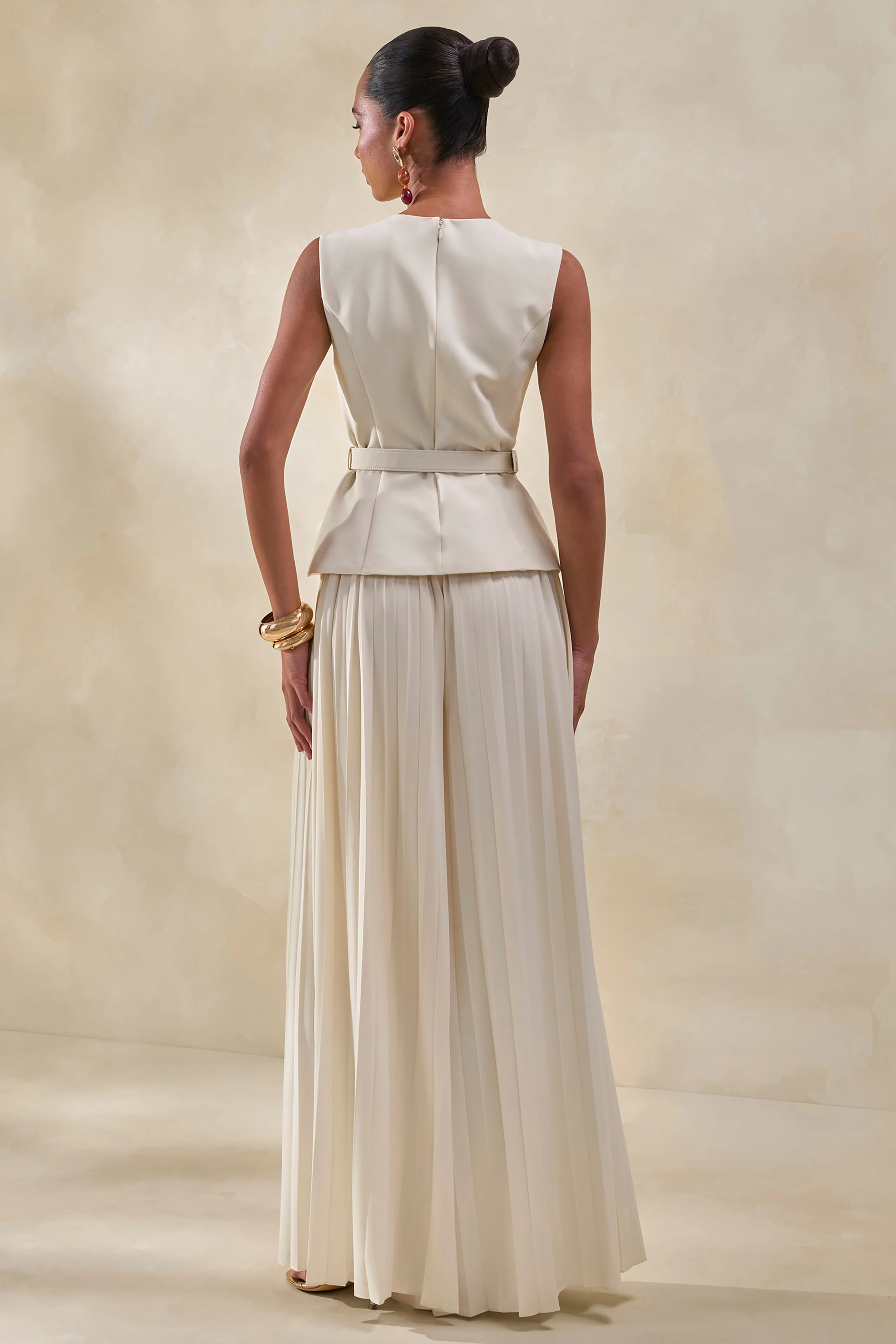Karienne | Cream Round-Neck Top With Belted-Detail - Image 3