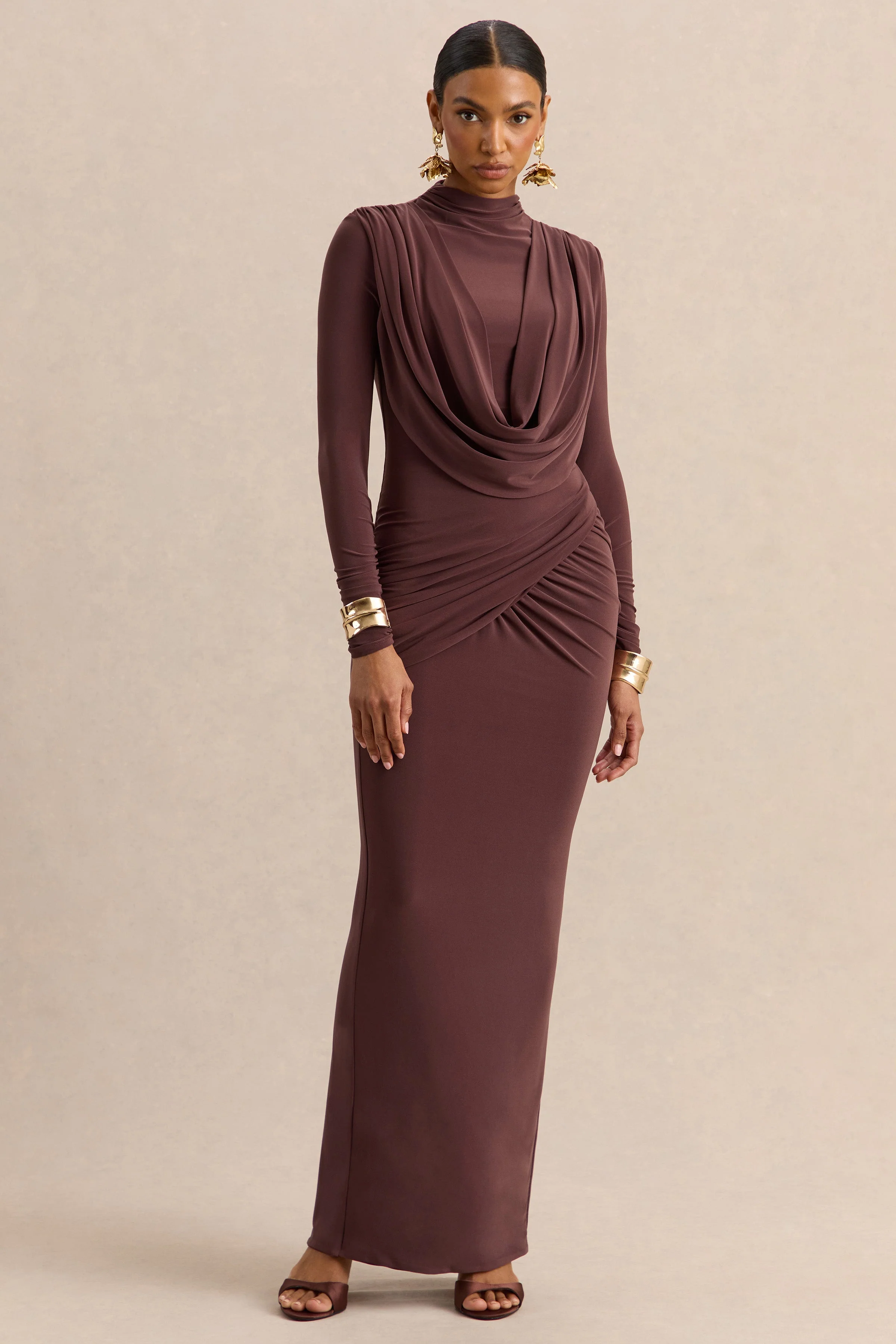 Karinthia | Brown High-Neck Maxi Dress With Draped-Detailing - Image 4
