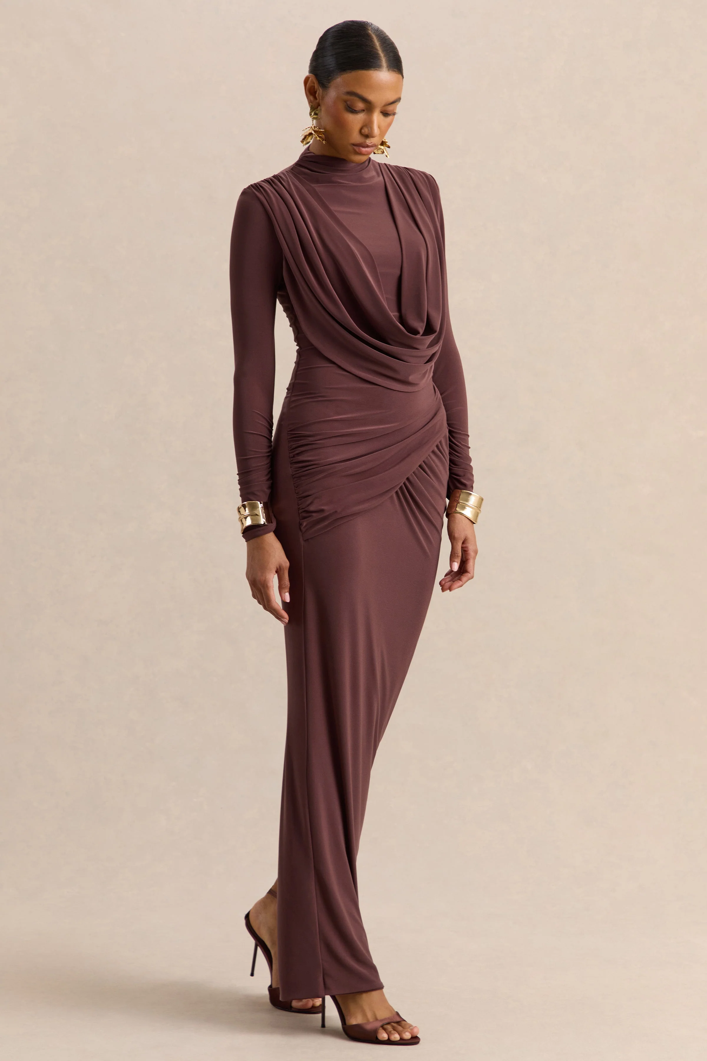 Karinthia | Brown High-Neck Maxi Dress With Draped-Detailing - Image 5