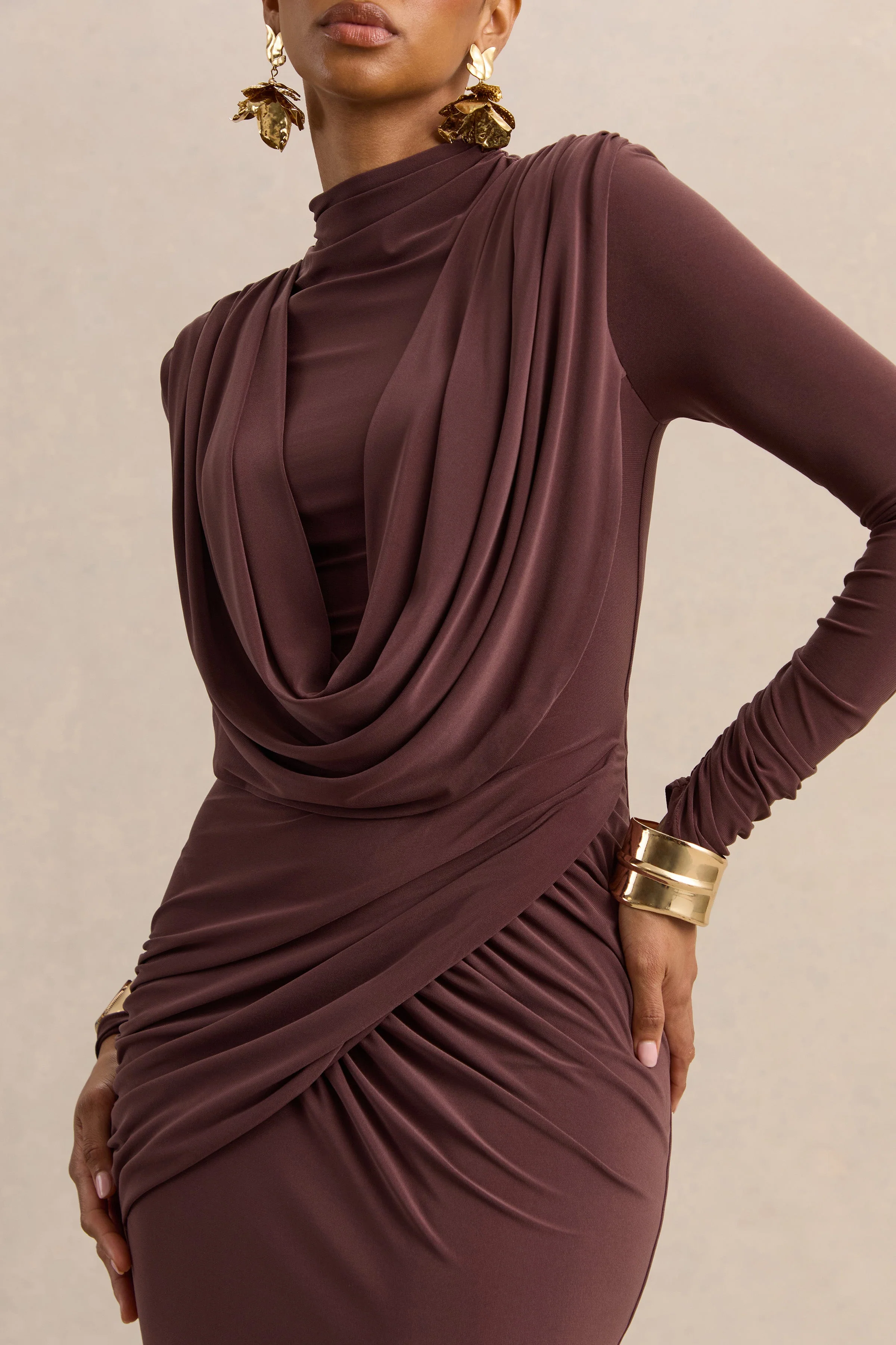 Karinthia | Brown High-Neck Maxi Dress With Draped-Detailing - Image 6