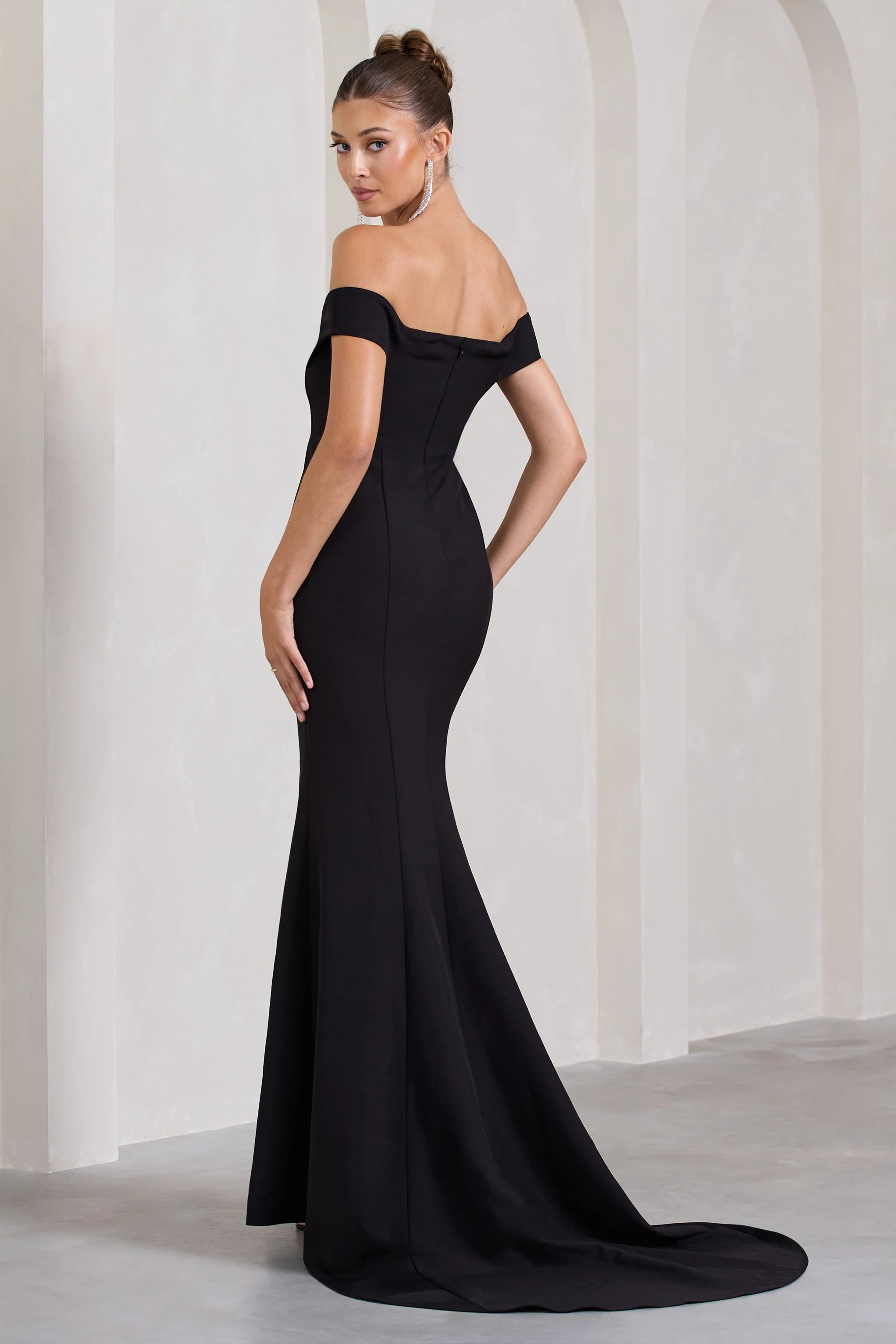 Karma | Black Bardot Split Fishtail Maxi Dress - Image 2