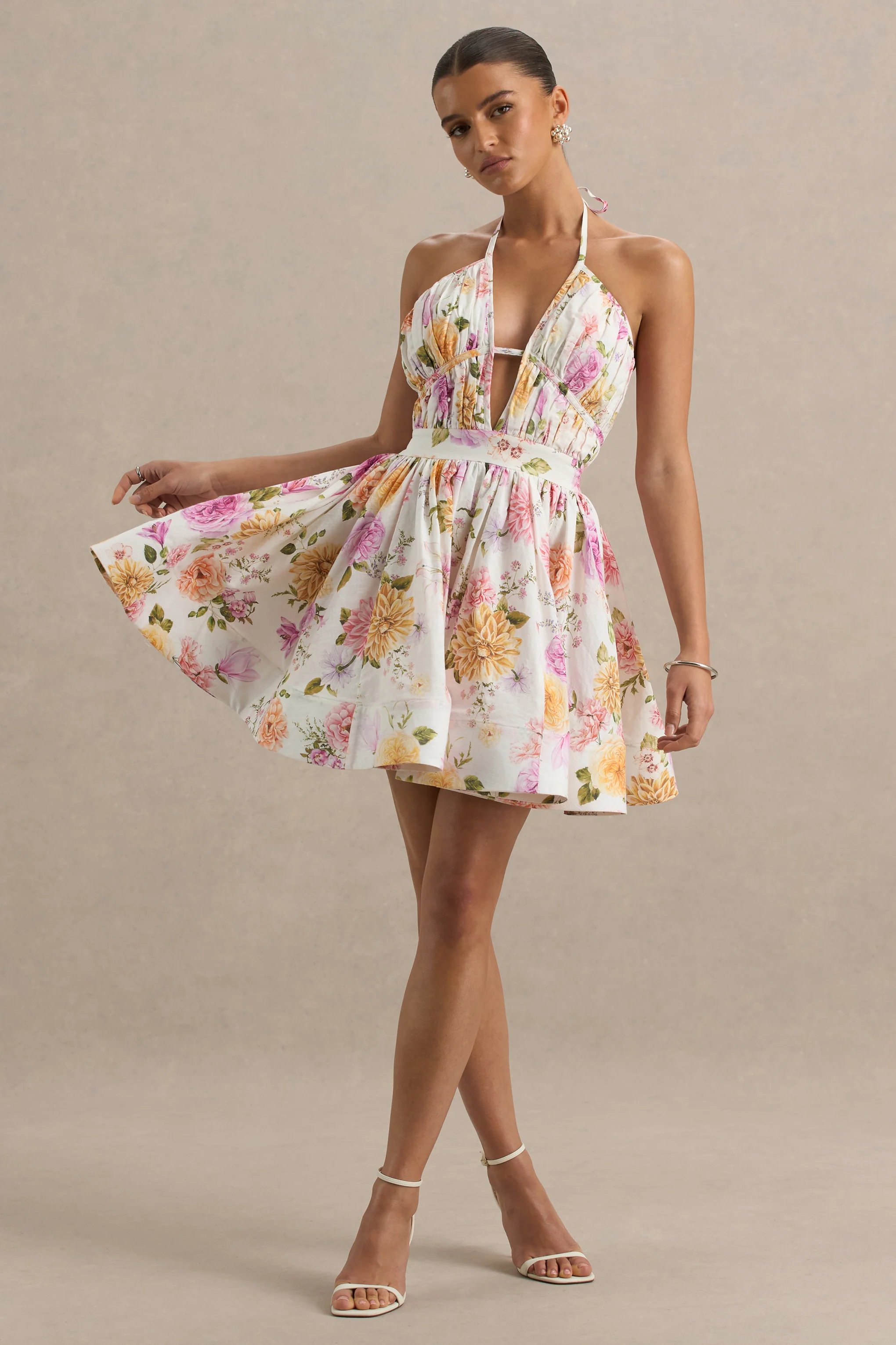 Kasey | Cream Floral Print Halter-Neck Mini Dress With Ruffle Detail - Image 6