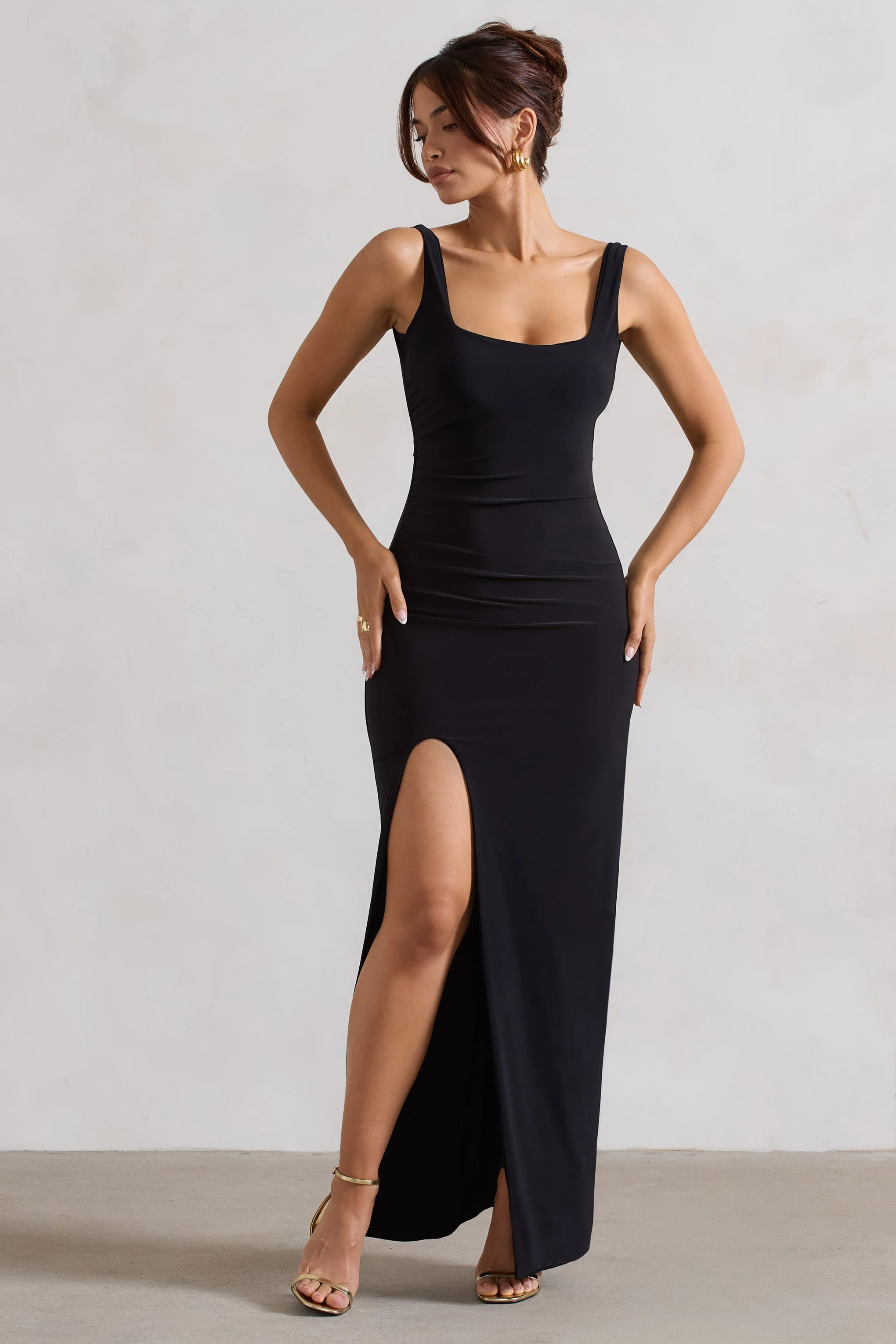 Kate | Black Square Neck Maxi Dress with Plunge Back and Side Thigh Split - Image 4