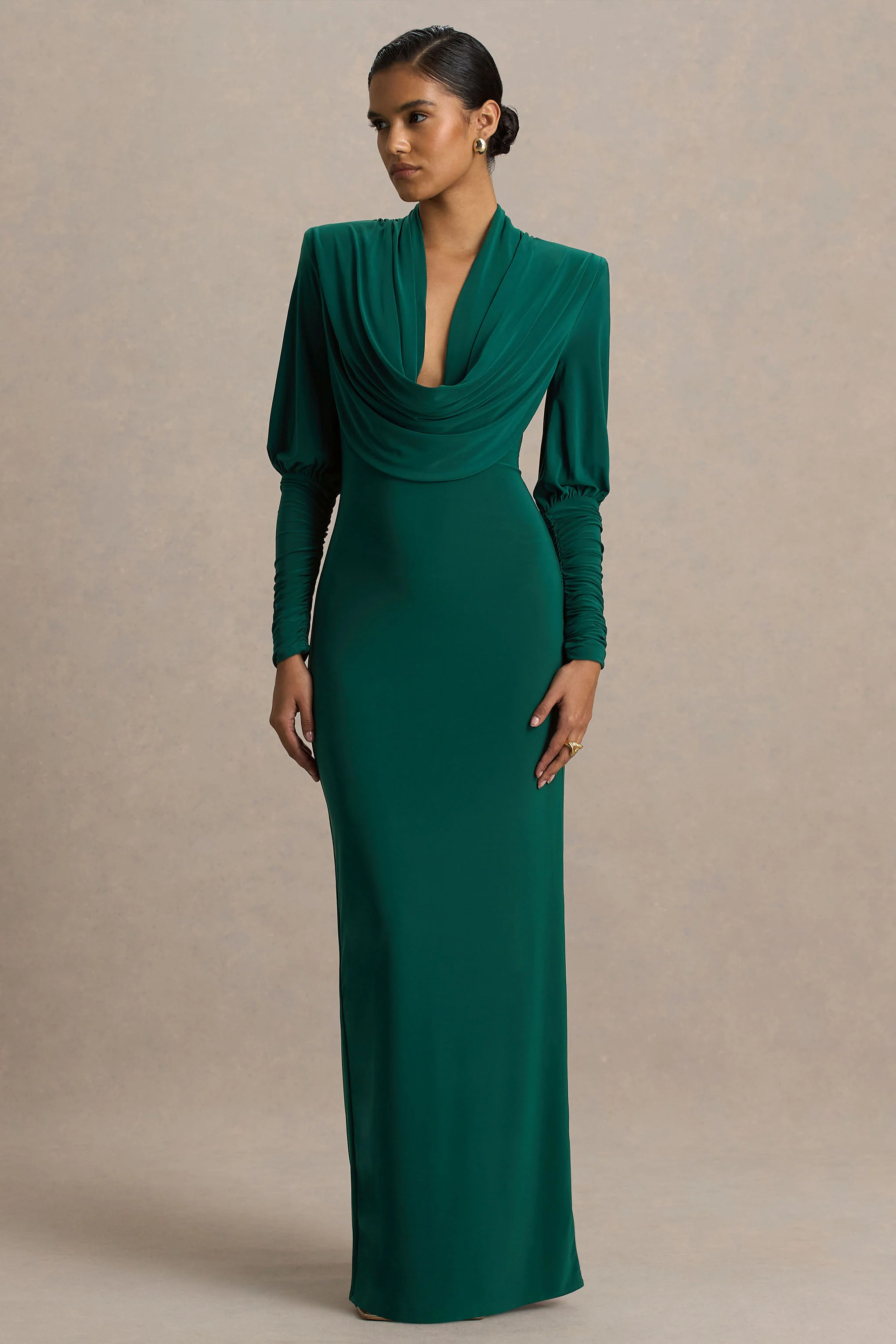 Kaylee | Bottle Green Cowl-Neck Maxi Dress With Draping Details - Image 5