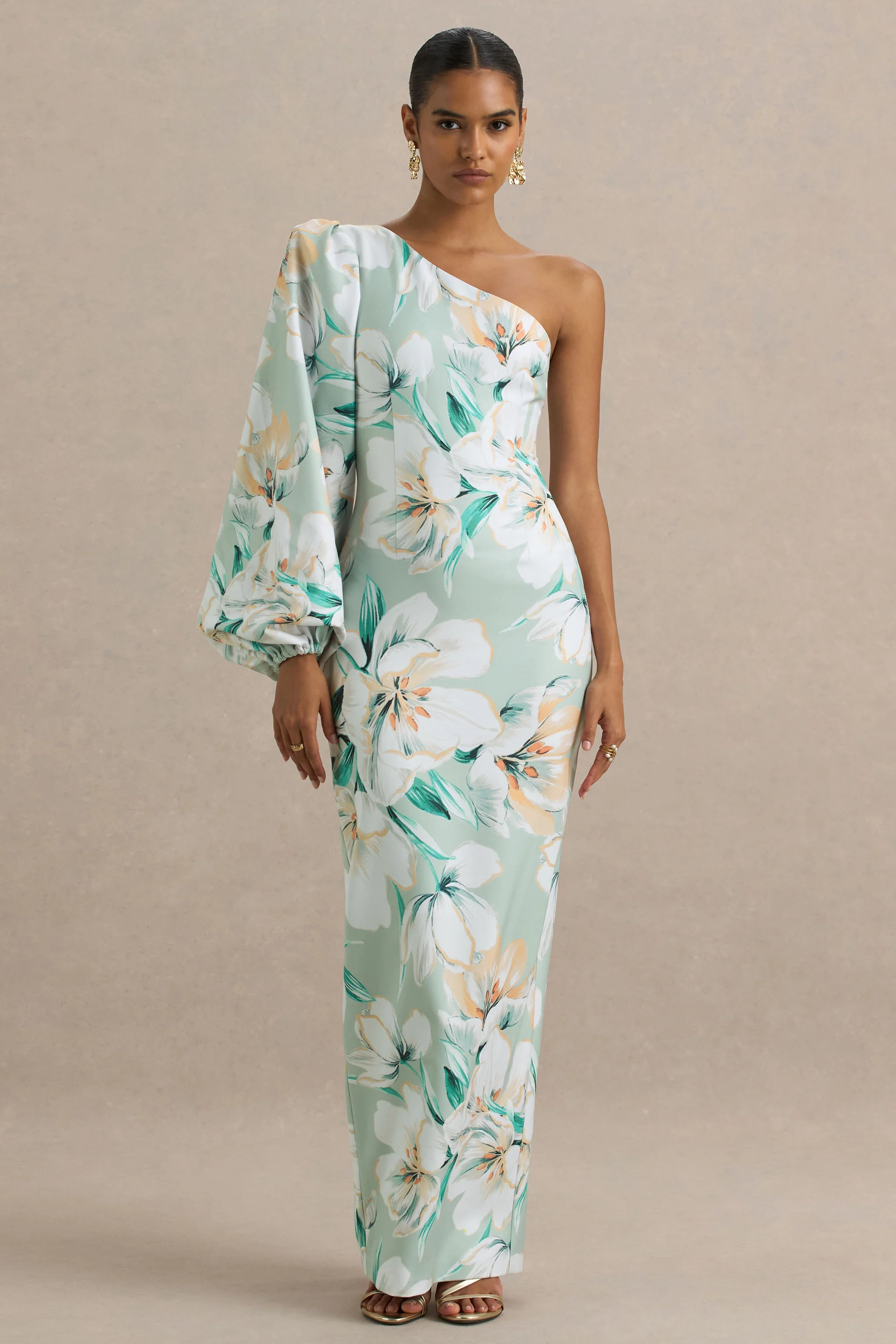 Kellis | Green Floral Print Asymmetric Maxi Dress With Balloon Sleeve - Image 4